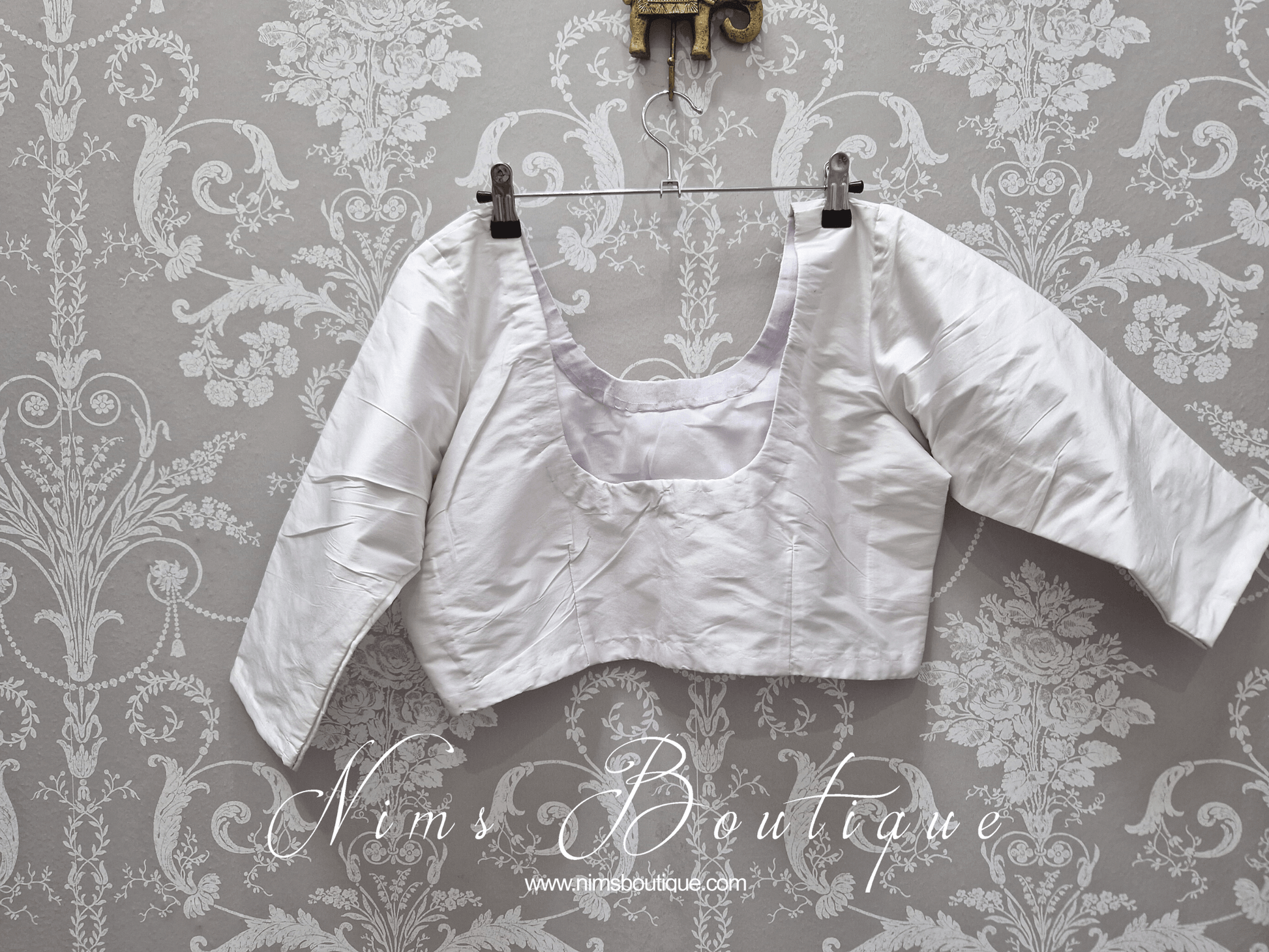 Nims Boutique White Pure Silk High Neck Blouse with sleeves size 4-26