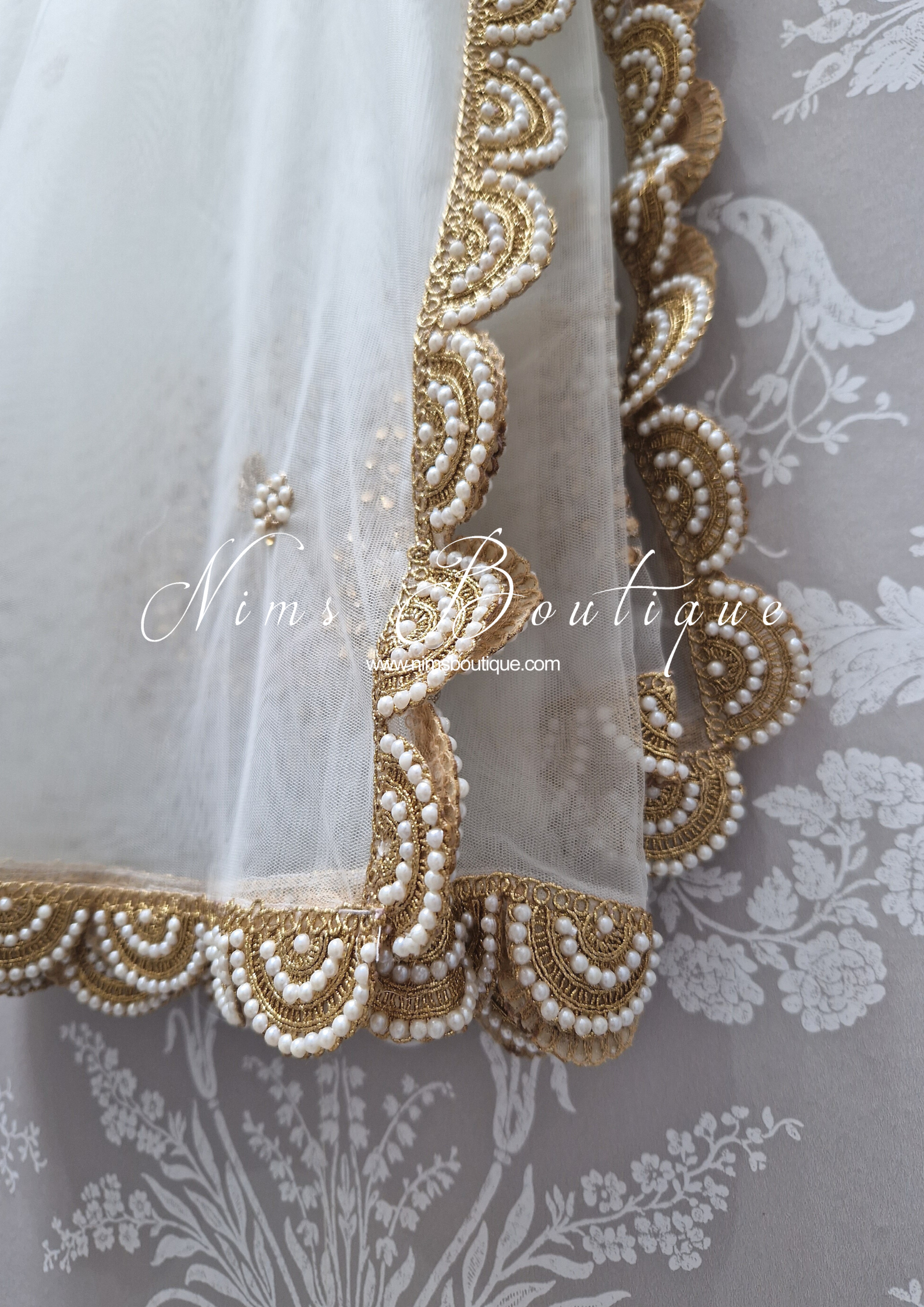 Nims Boutique White Net Pearl Embellished Dupatta/Chunni with Luxury Pearl Edging NPE2