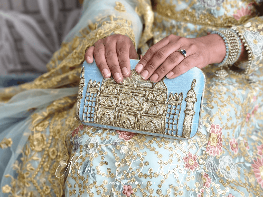 Nims Boutique Taj Pastel Blue Raw Silk Clutch Bag