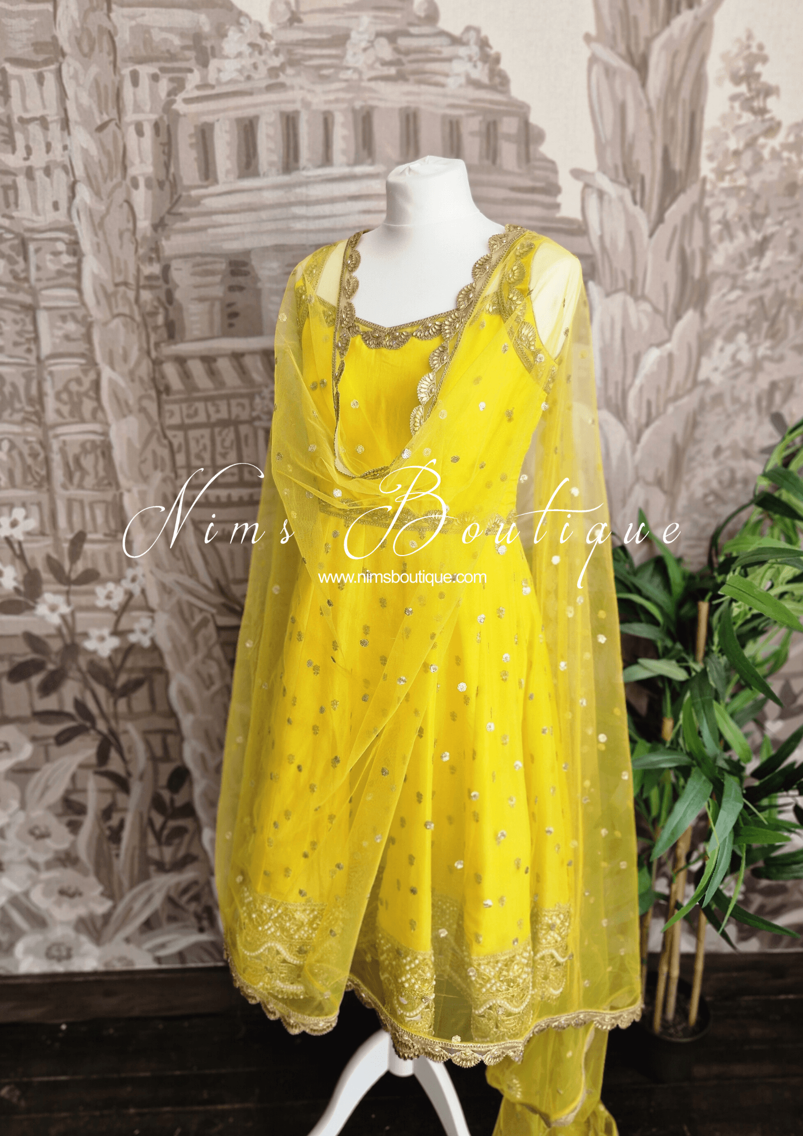 Nims Boutique The NB Luxury Yellow Silk Anarkali with Pajami size 8-12