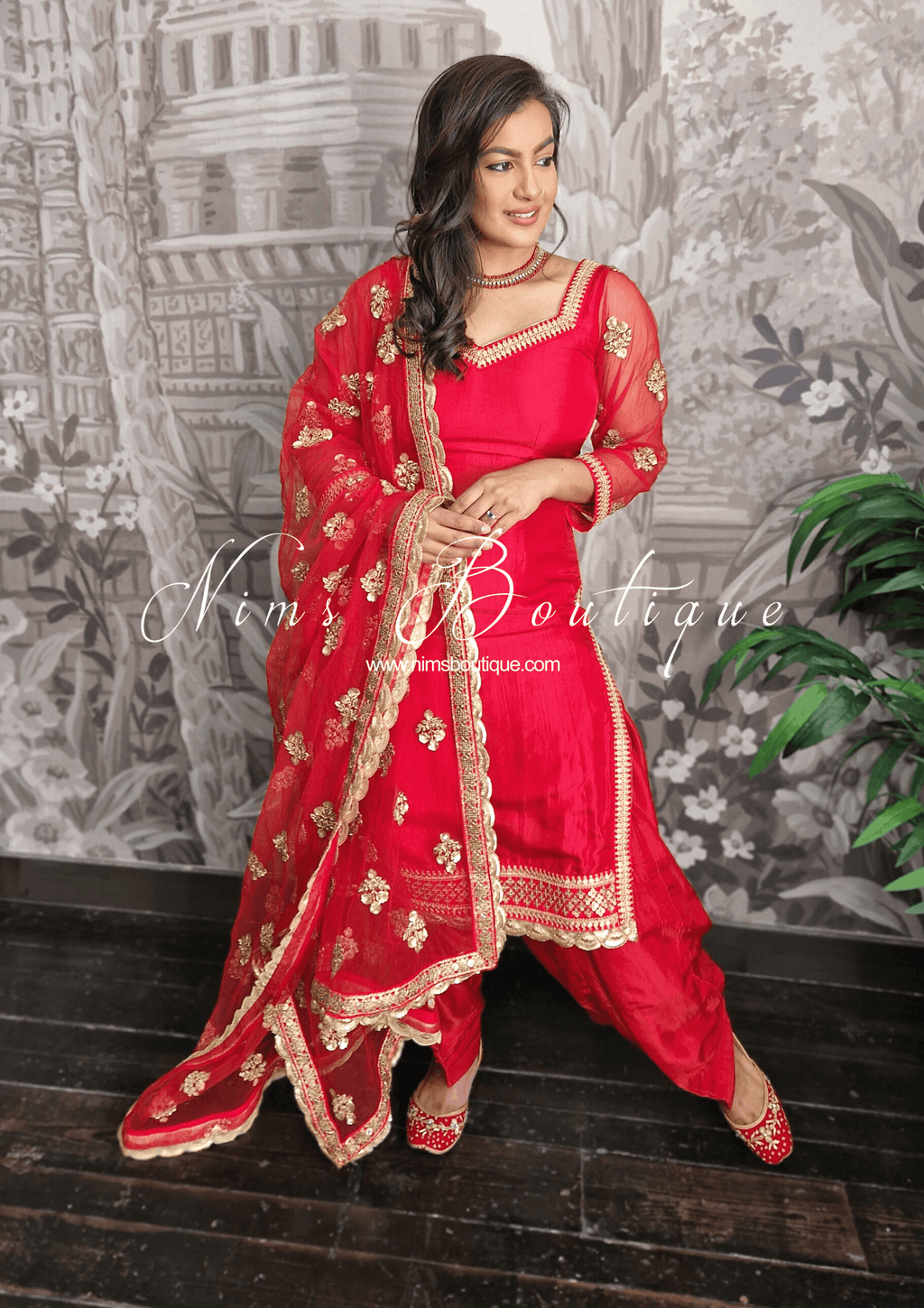 Nims Boutique The NB Classic Long Sleeved Red Silk Salwar Suit sizes 4-18