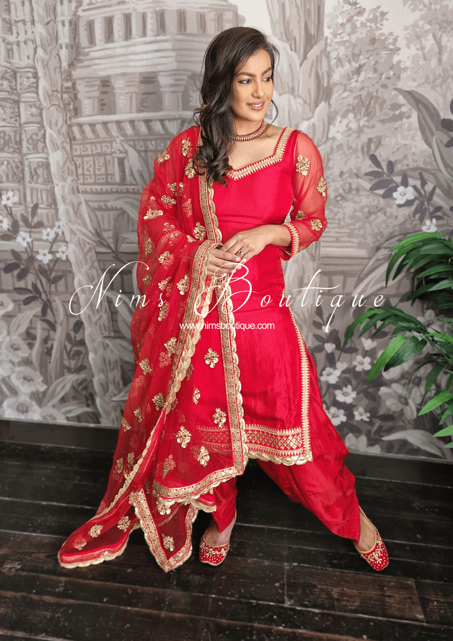 Nims Boutique The NB Classic Long Sleeved Red Silk Salwar Suit sizes 4-18