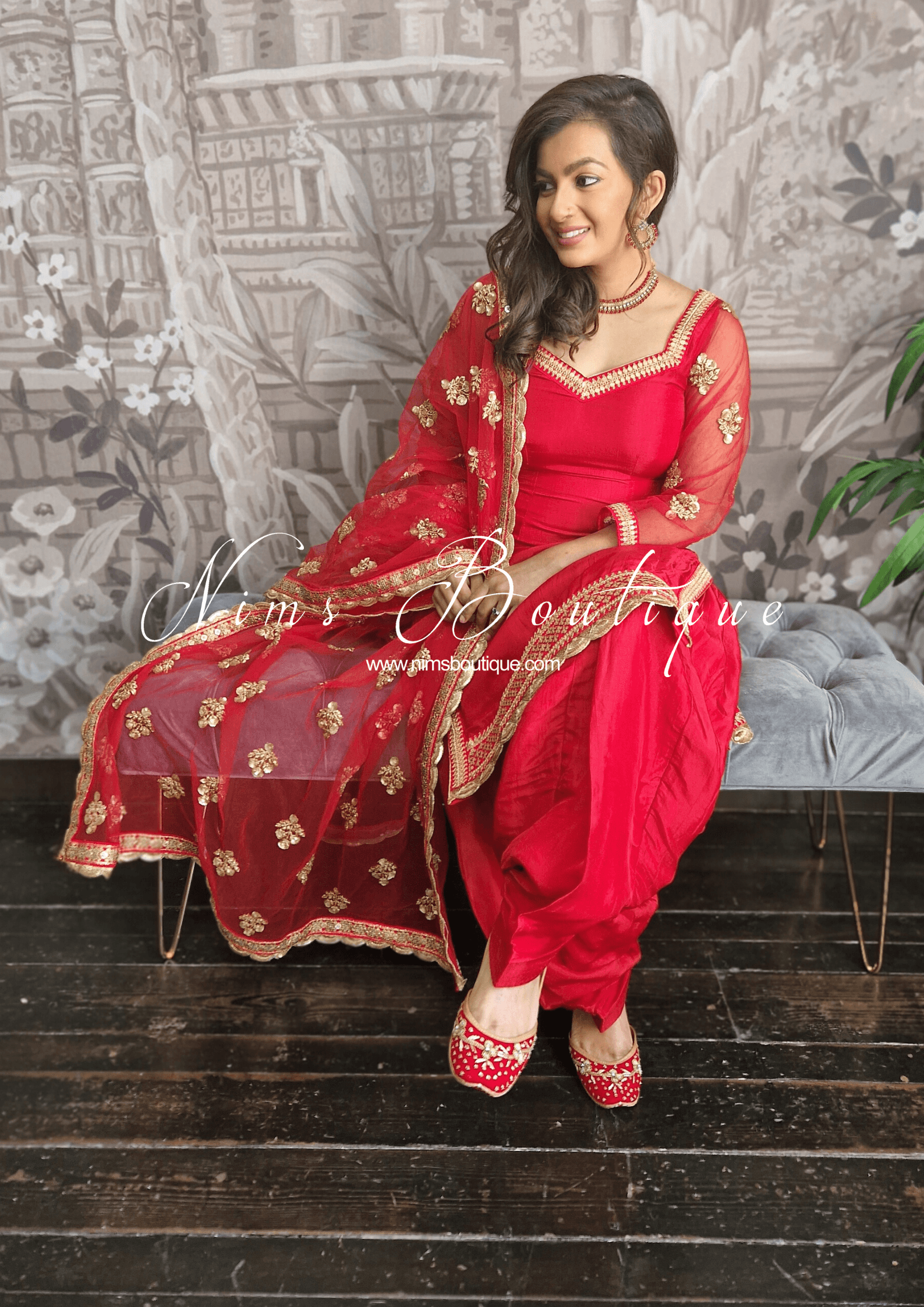 Nims Boutique The NB Classic Long Sleeved Red Silk Salwar Suit sizes 4-18