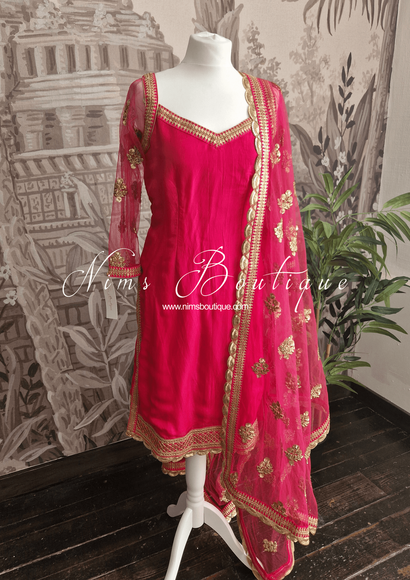 Nims Boutique The NB Classic Long Sleeved Hot Pink Silk Pajami Suit sizes 12 to 22