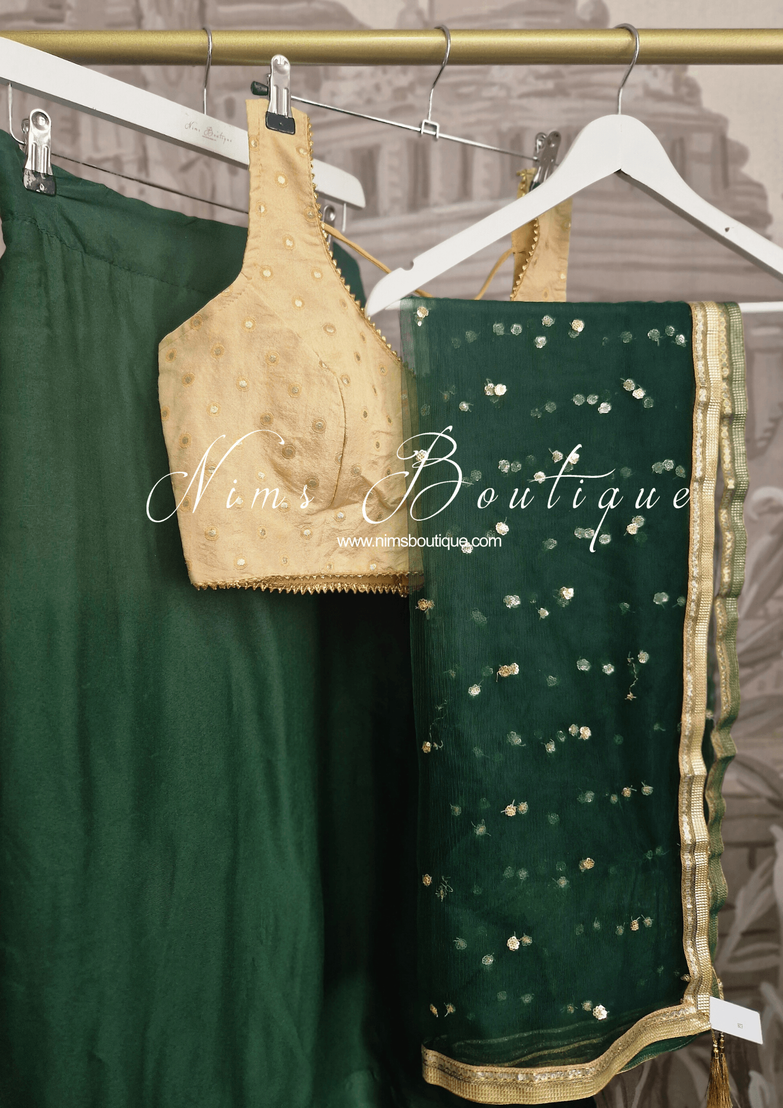 Nims Boutique Dark Green Net Sequin Dupatta/Chunni NS8