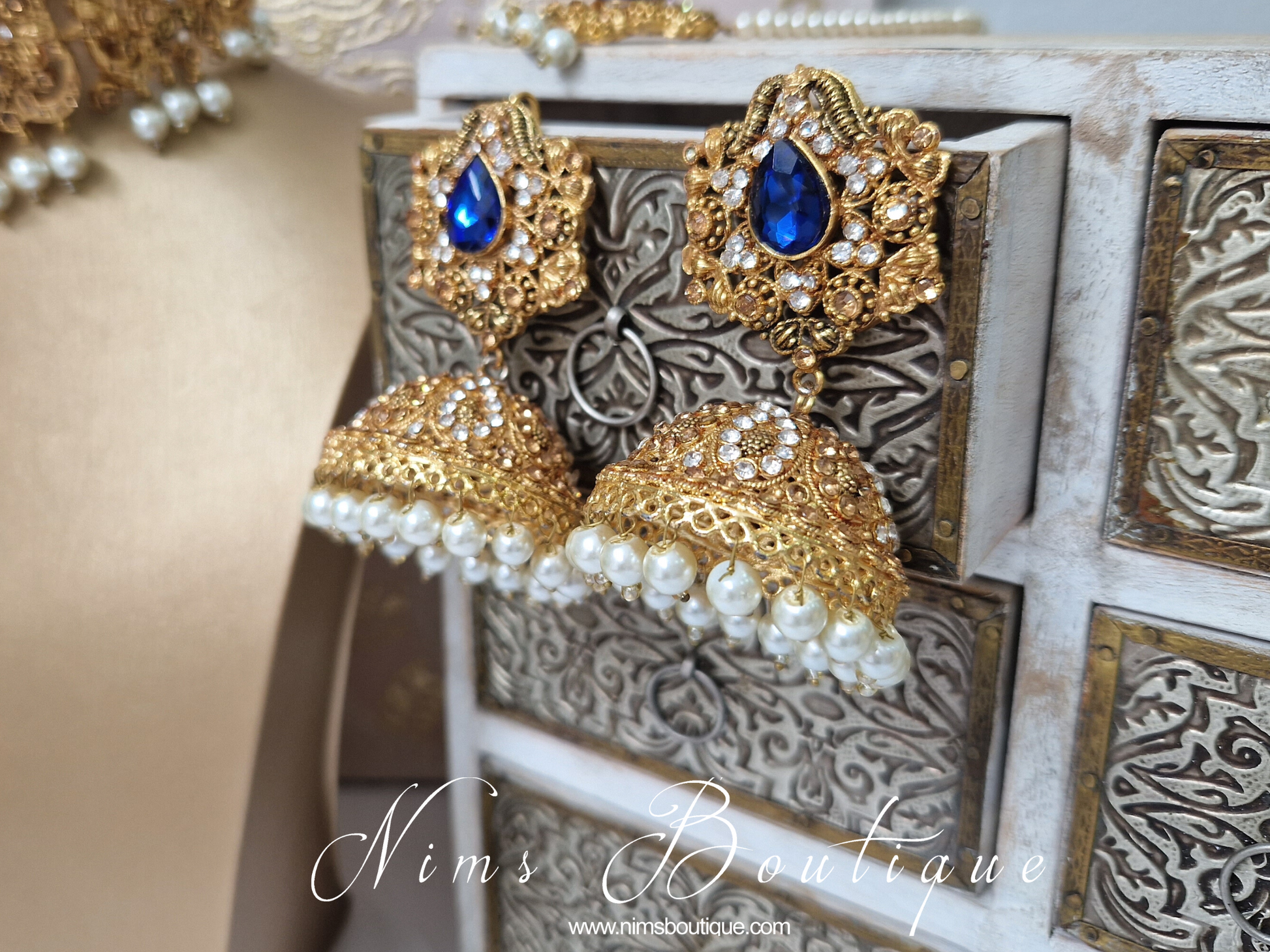 Nims Boutique Royal Blue Stone & Pearl Maharani Choker Set