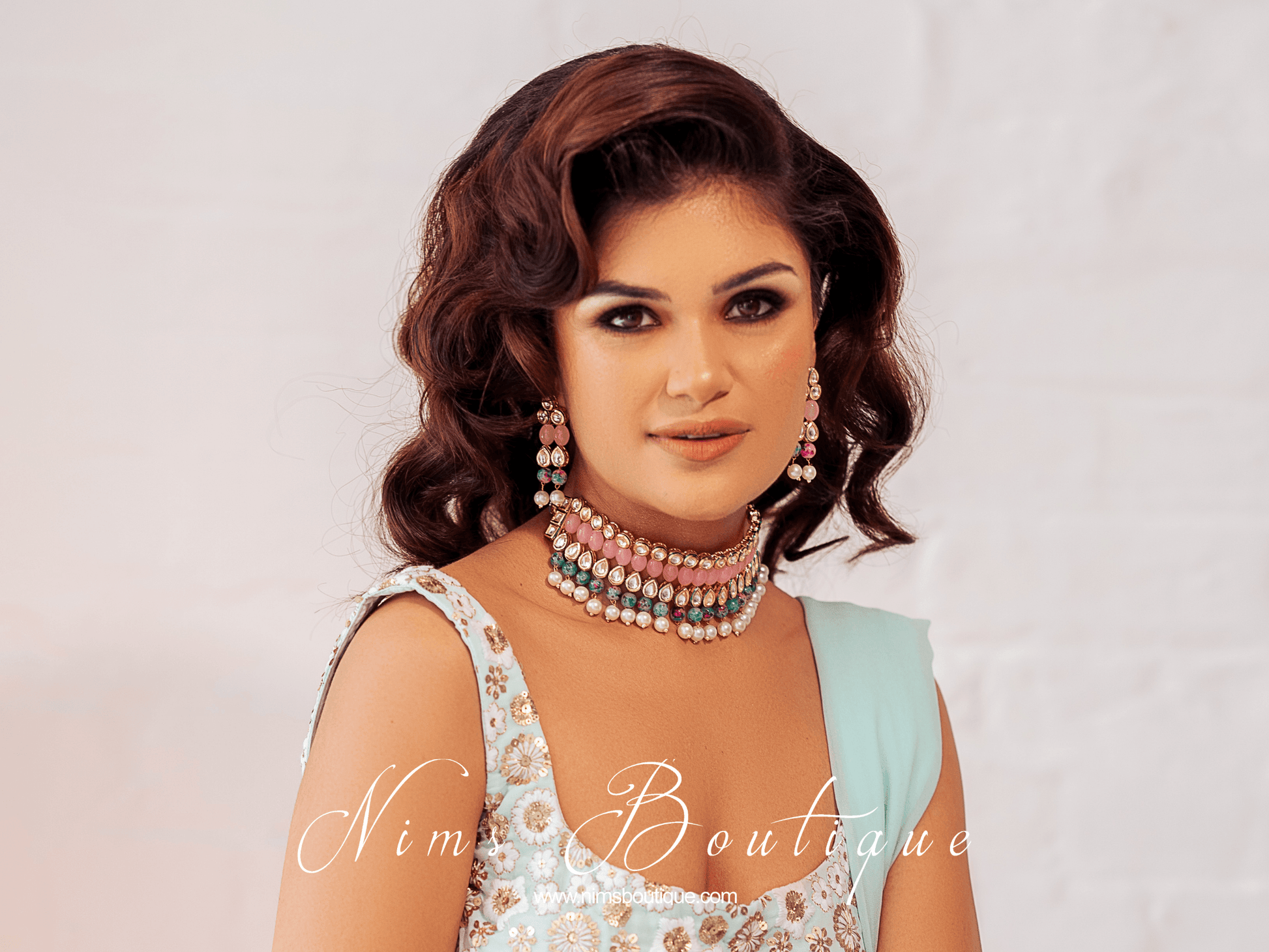 Nims Boutique Pavan Pastel Pink Kundan & Green Floral Bead Choker Set