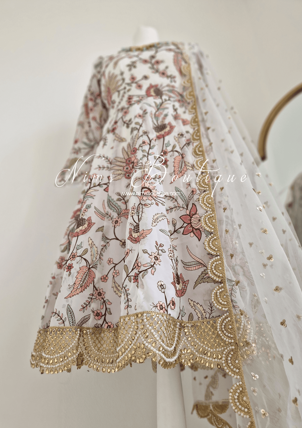 Nims Boutique Sarika White Luxury Long Sleeved Anarkali Suit with Pajami sizes 4-14