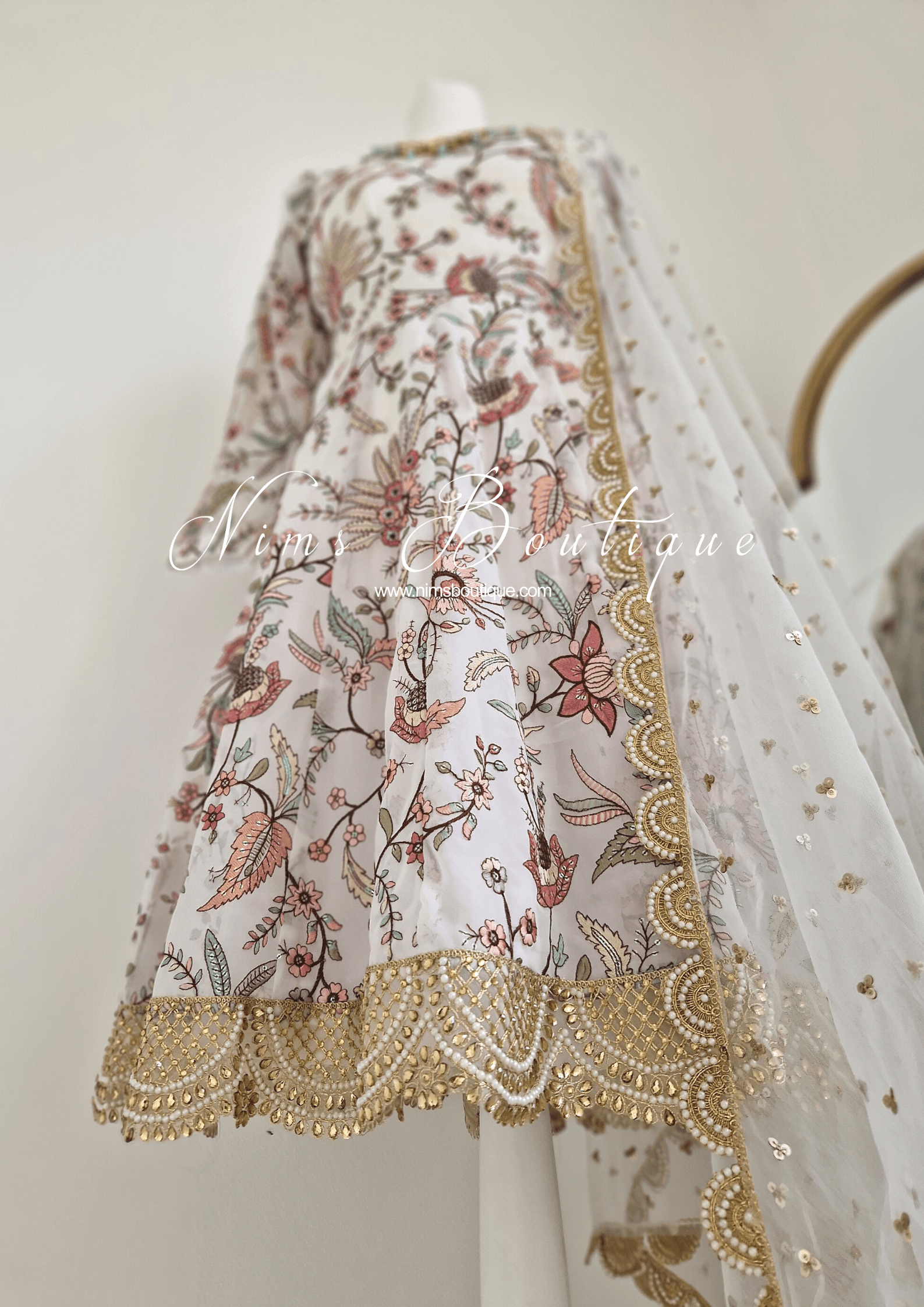 Nims Boutique Sarika White Luxury Long Sleeved Anarkali Suit with Pajami sizes 4-14