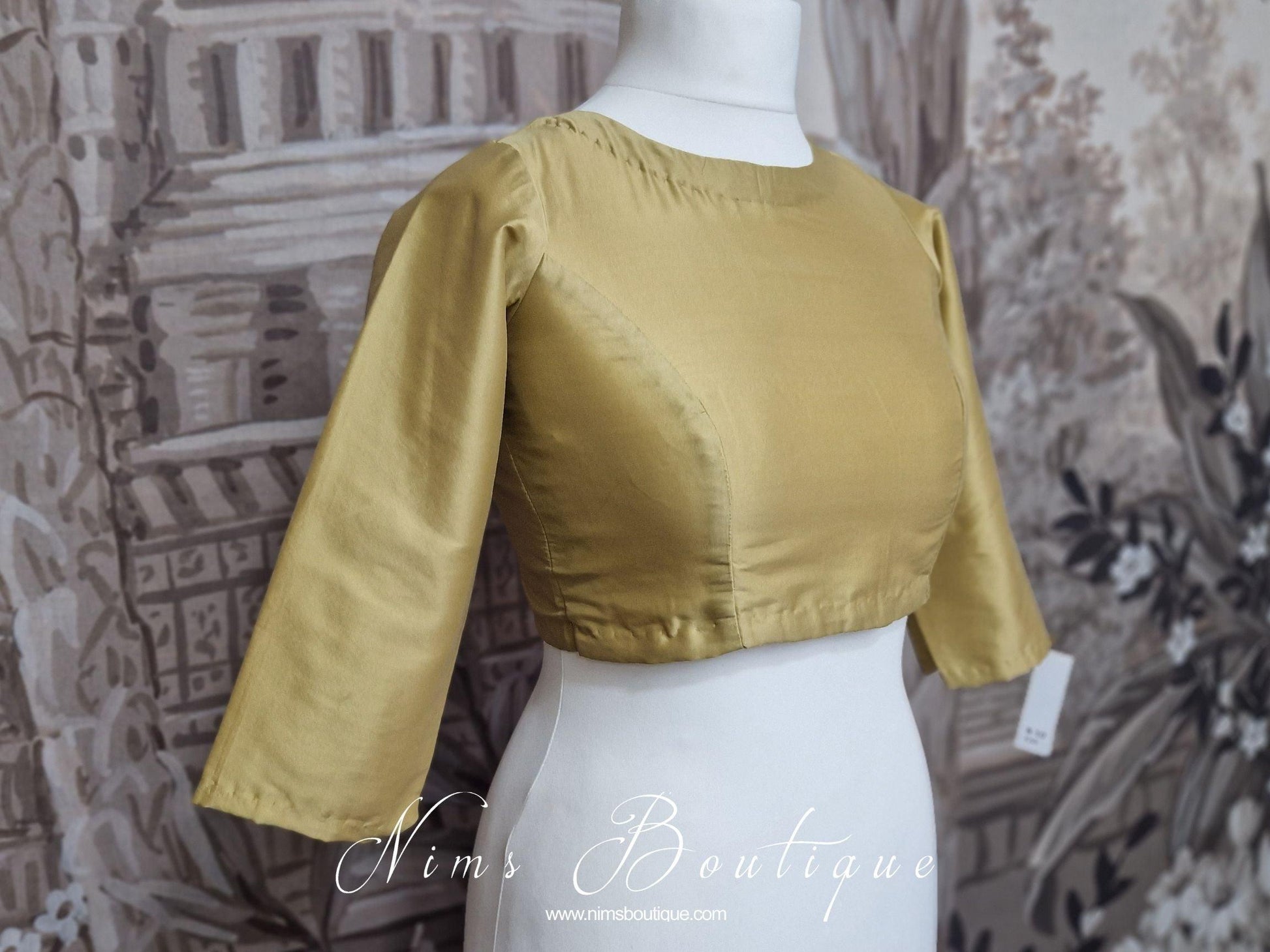 Nims Boutique Dark Gold Pure Silk High Neck Blouse with sleeves 4-24