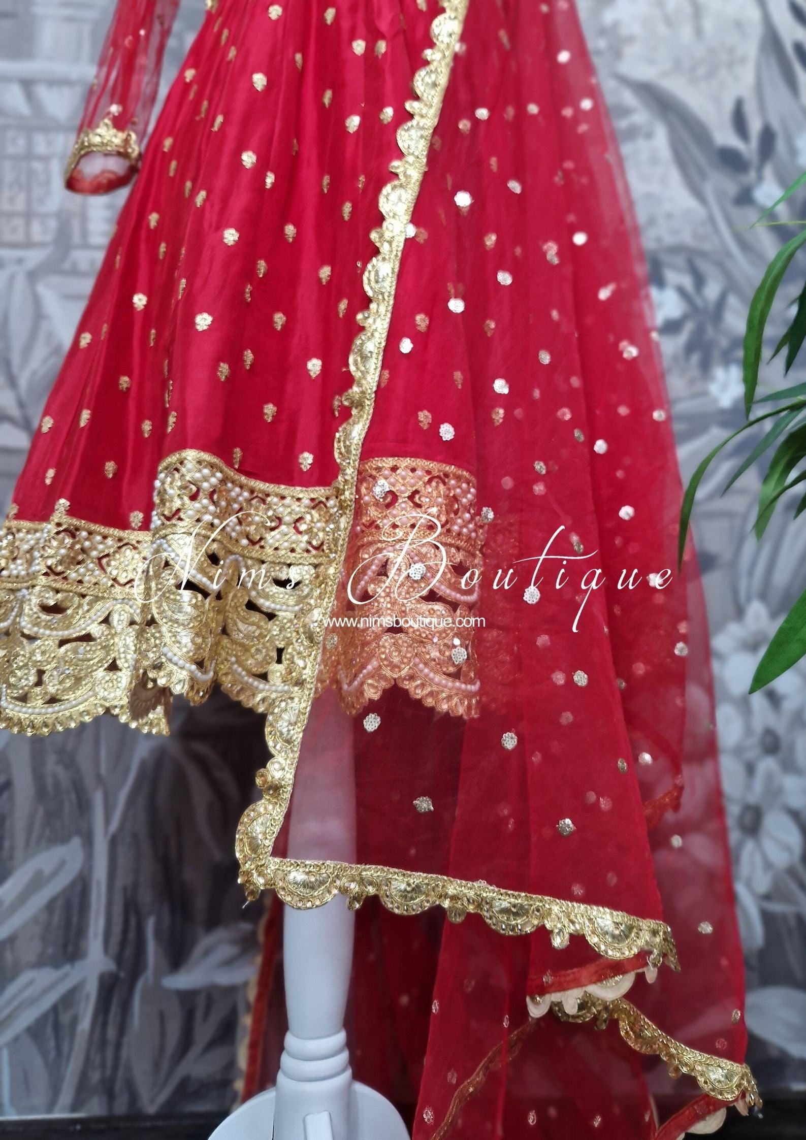 Nims Boutique The NB Luxury Red Silk Anarkali Pajami Suit with sleeves size 12-24
