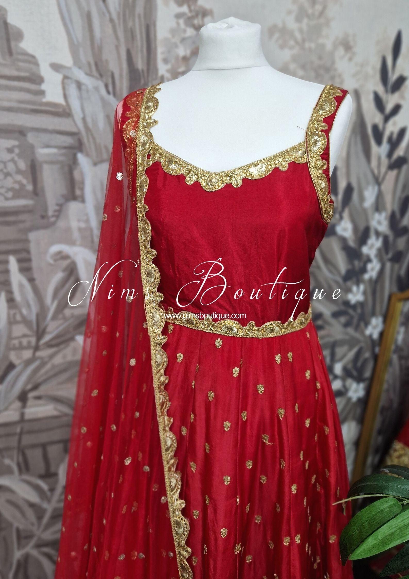 Nims Boutique The NB Luxury Red Silk Anarkali with Pajami size 4-12