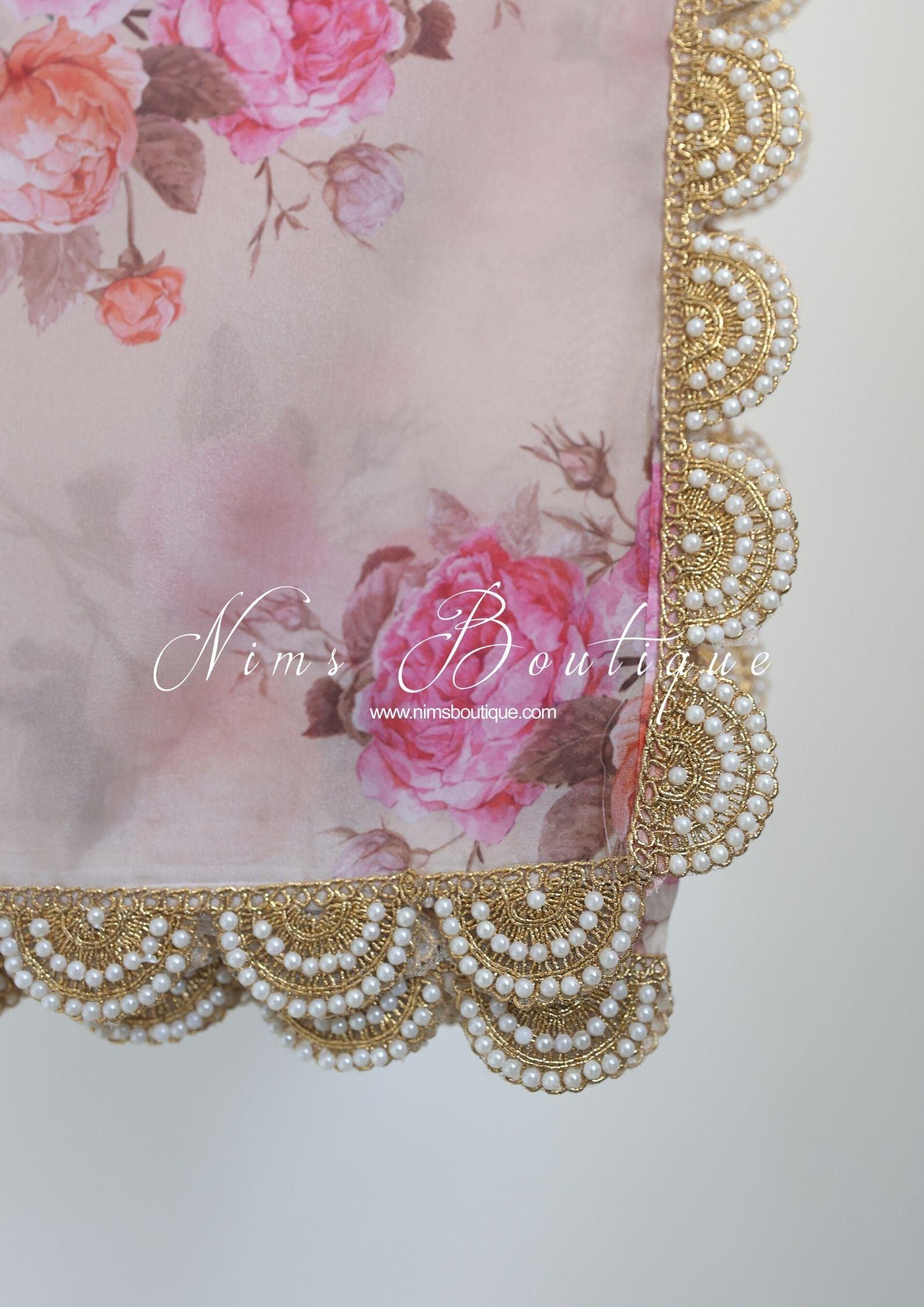 Nims Boutique Dusky Peach Organza Floral Dupatta/Chunni with Luxury Pearl Edging