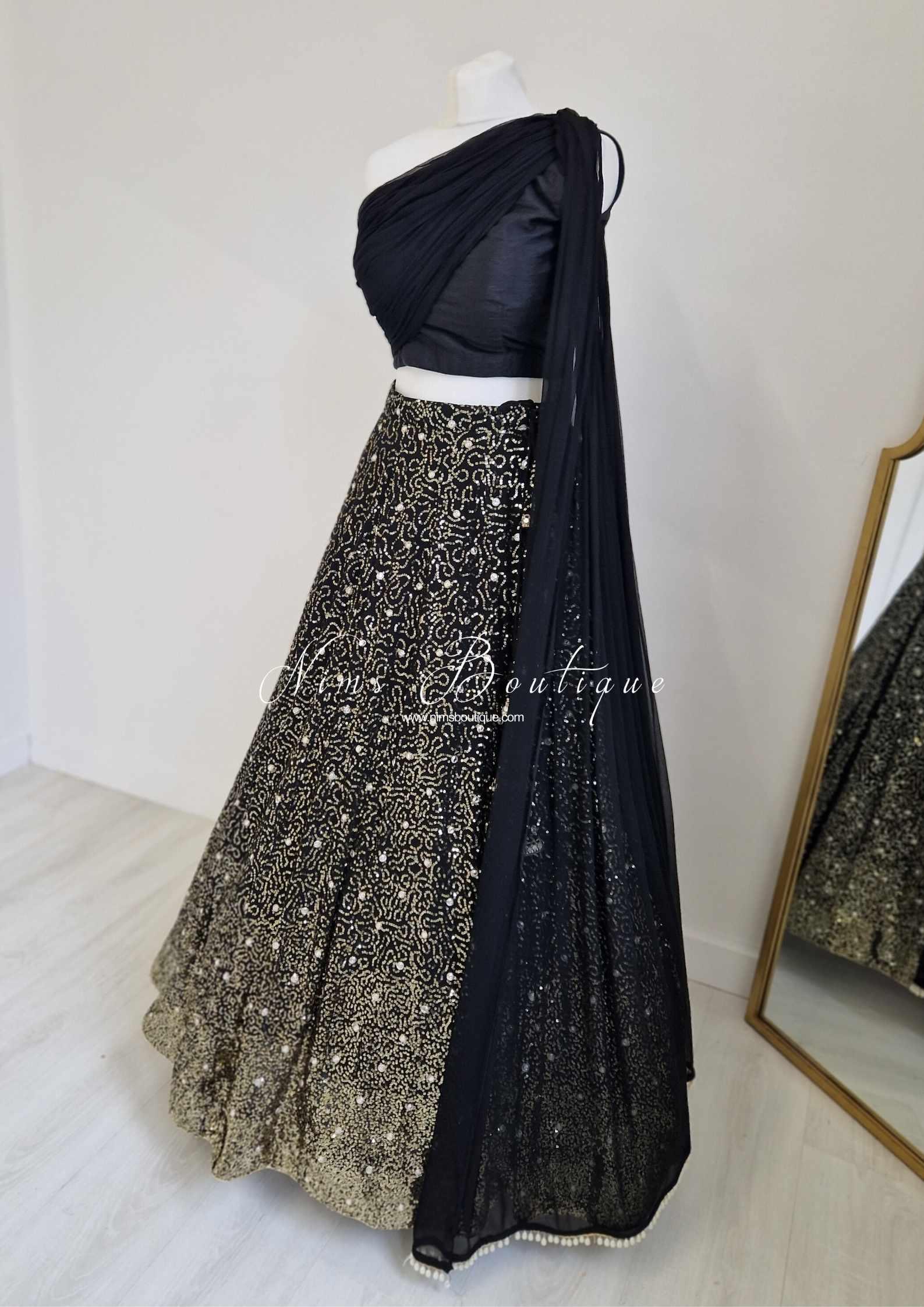 Nims Boutique Arya Black Luxury One Shoulder & Dupatta blouse 6-18