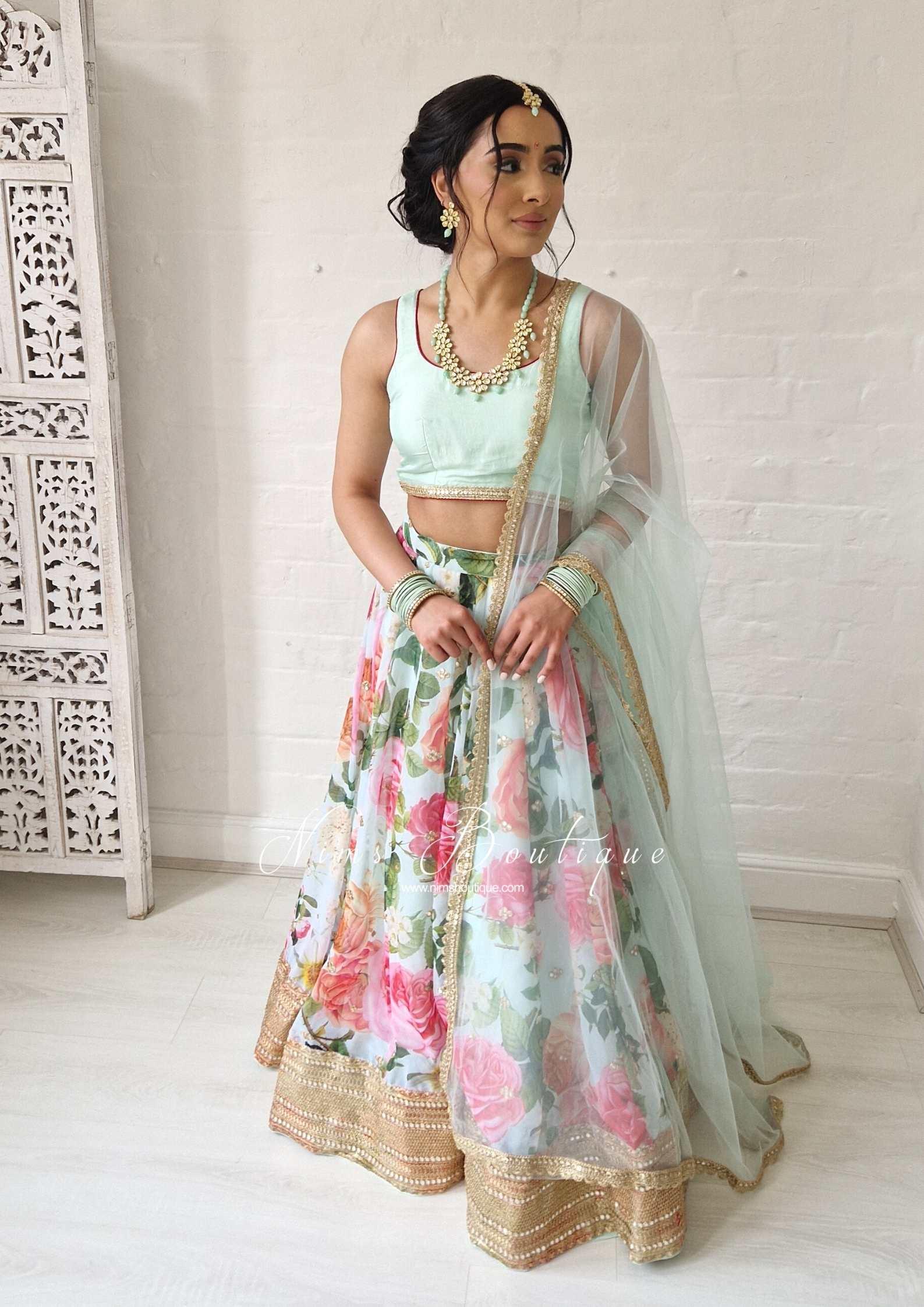 Nims Boutique Tara Luxury Silk Mint & Floral Lehnga