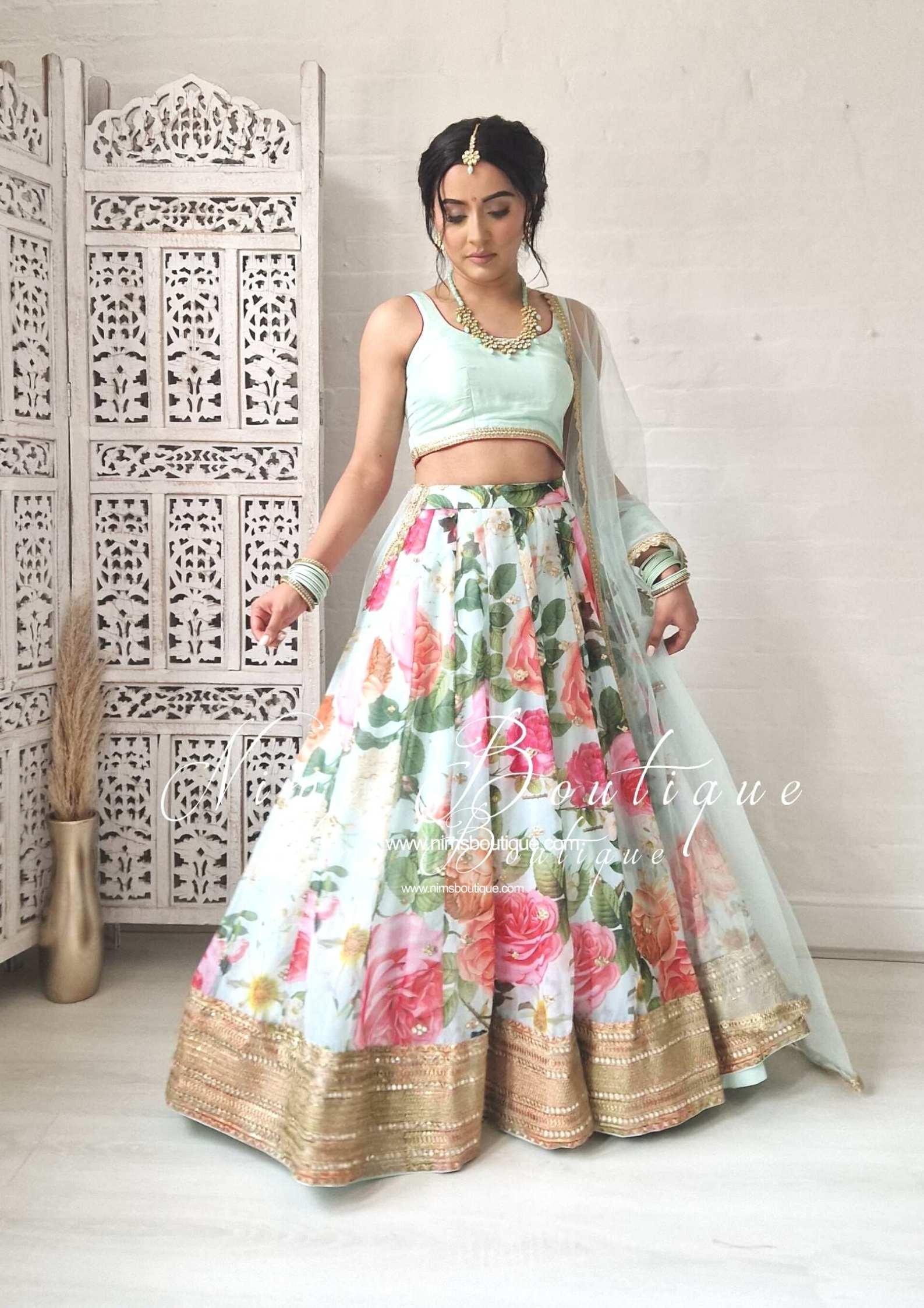 Nims Boutique Tara Luxury Silk Mint & Floral Lehnga