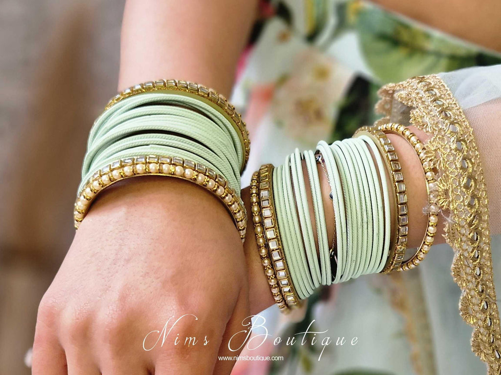 Nims Boutique Light Mint & Kundan Set of Bangles MBN