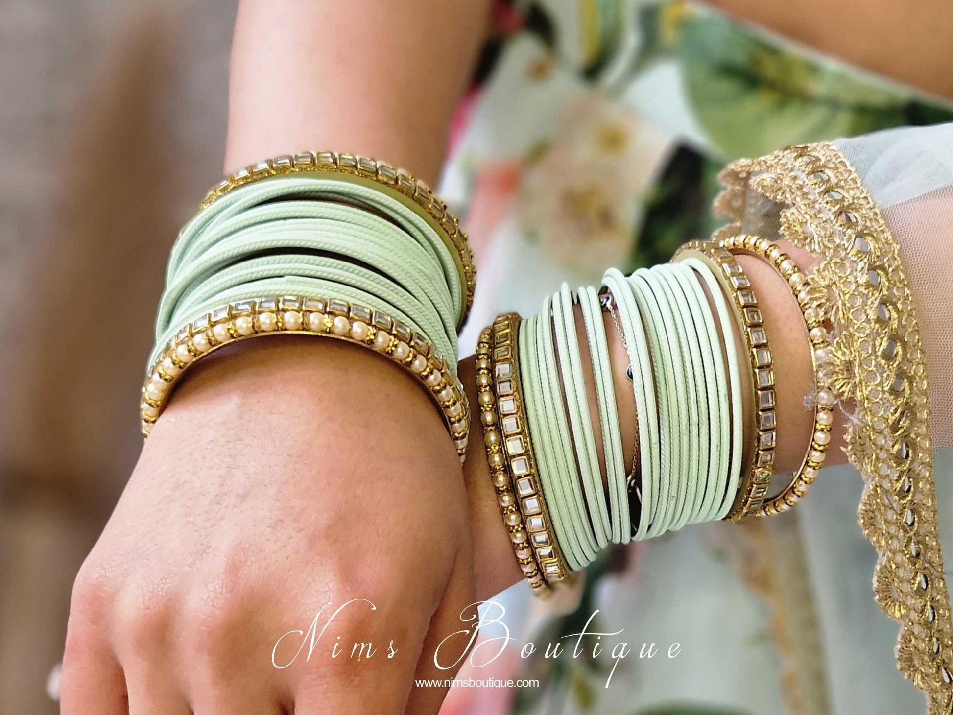 Nims Boutique Light Mint & Kundan Set of Bangles MBN