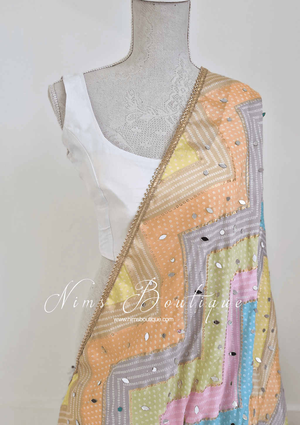 Nims Boutique Sitara Luxury Light Pastels Zig Zag Mirror Dupatta/Chunni