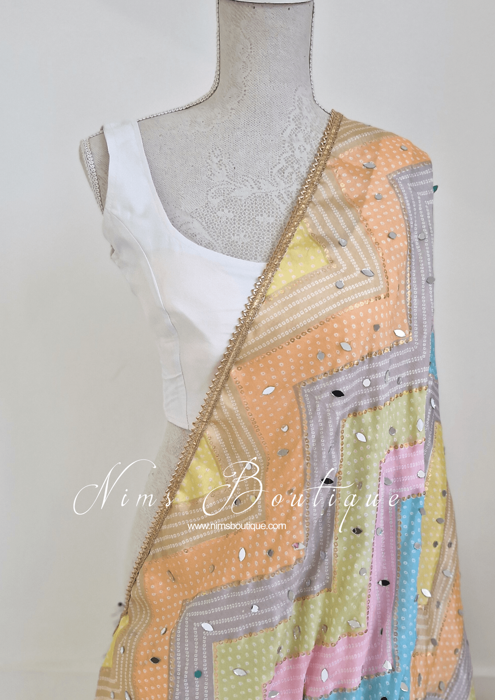 Nims Boutique Sitara Luxury Light Pastels Zig Zag Mirror Dupatta/Chunni
