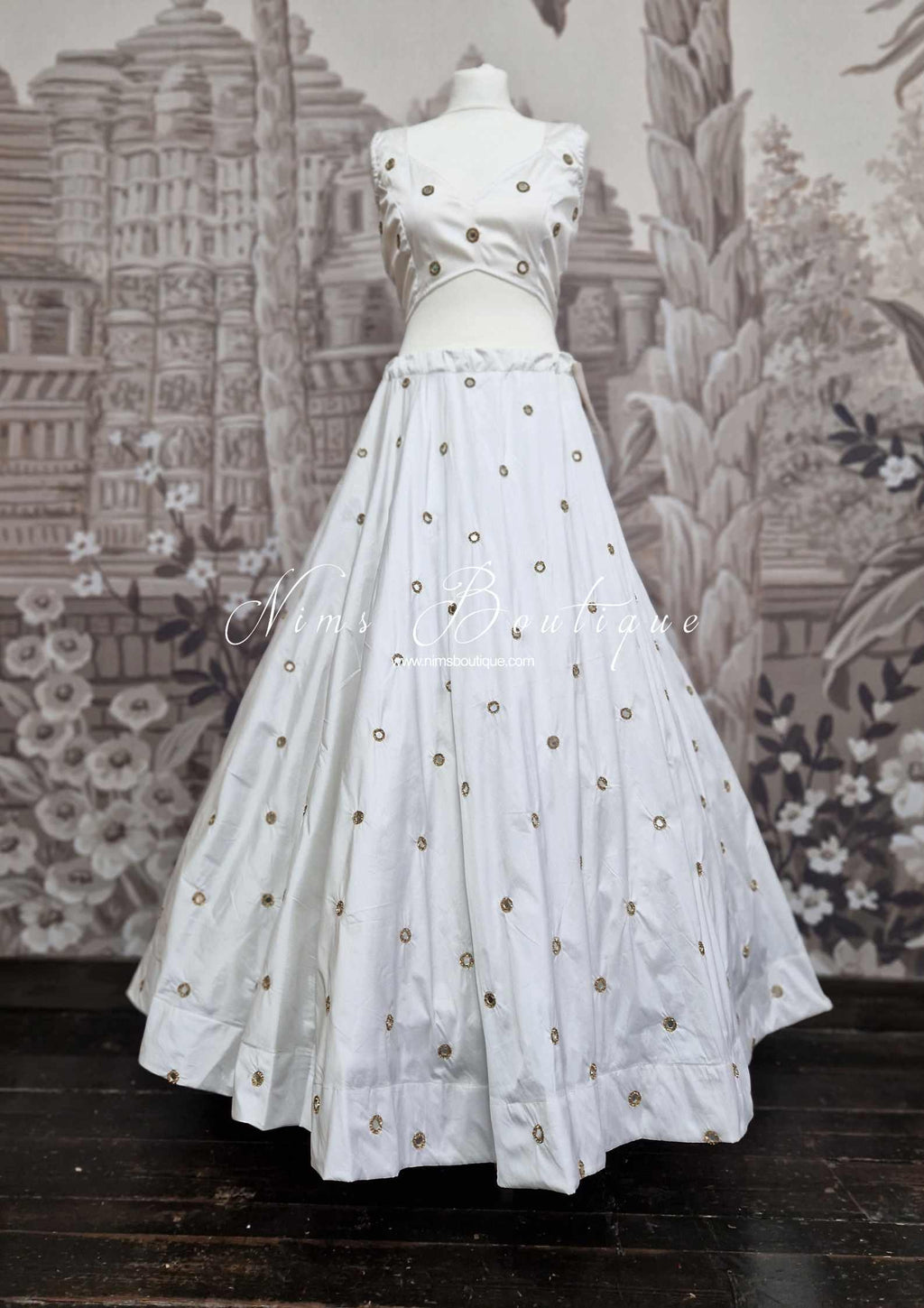 Nims Boutique Rani Luxury White Mirror readymade skirt/lehnga size 4-22