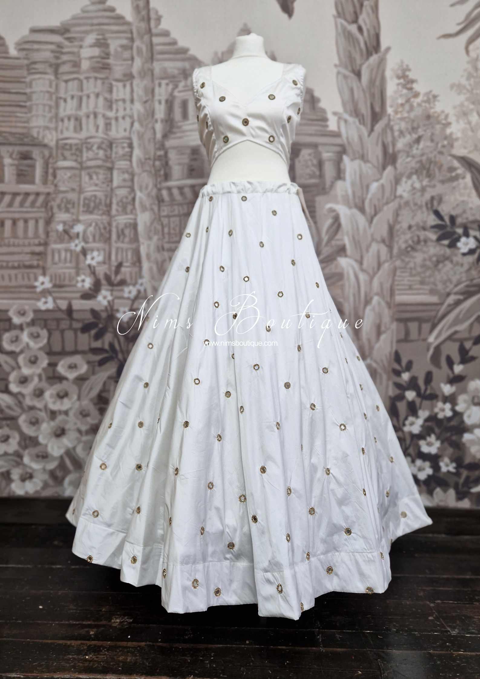 Nims Boutique Rani Luxury White Mirror readymade skirt/lehnga size 4-22
