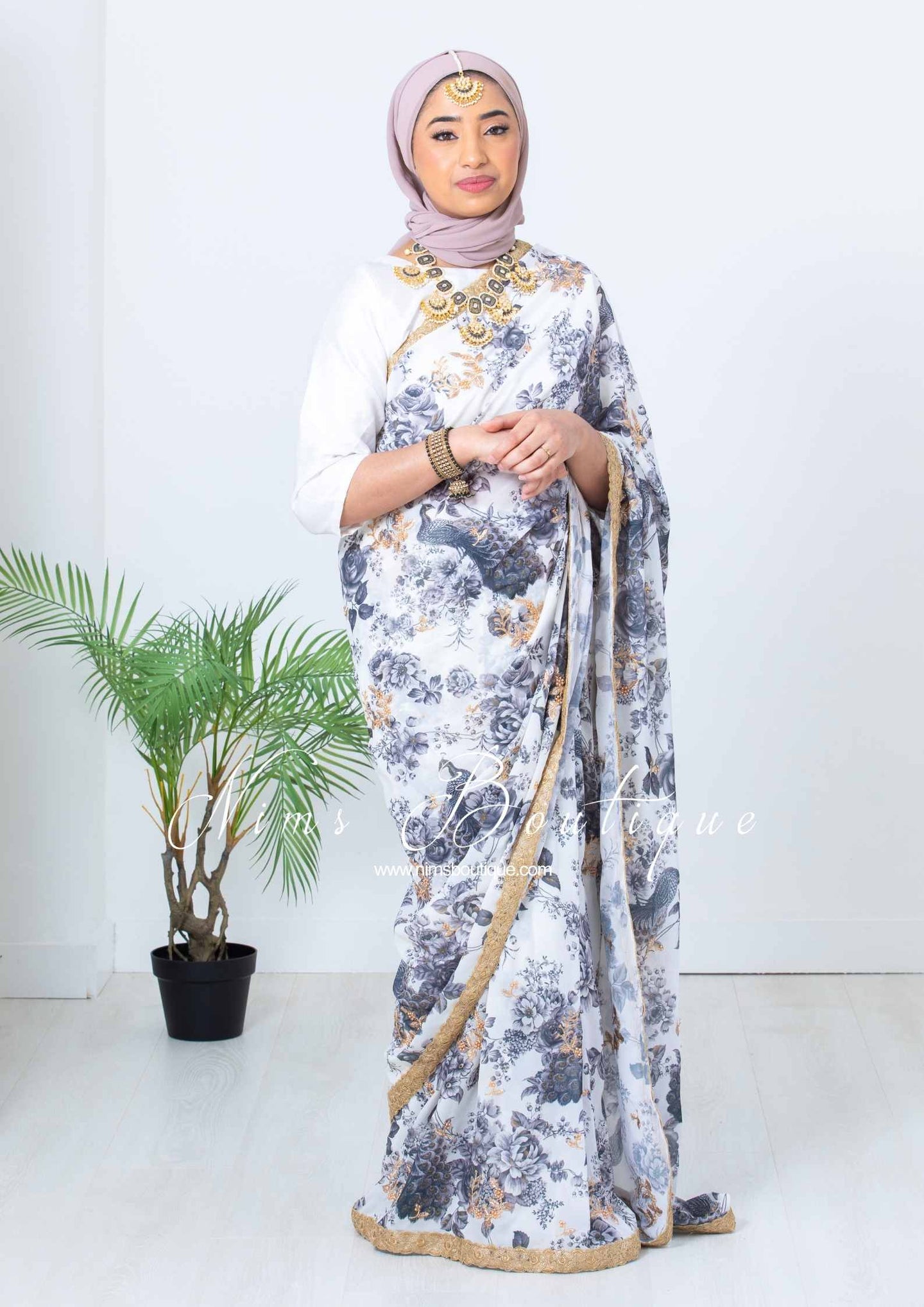 Nims Boutique Florella ivory & grey printed georgette saree