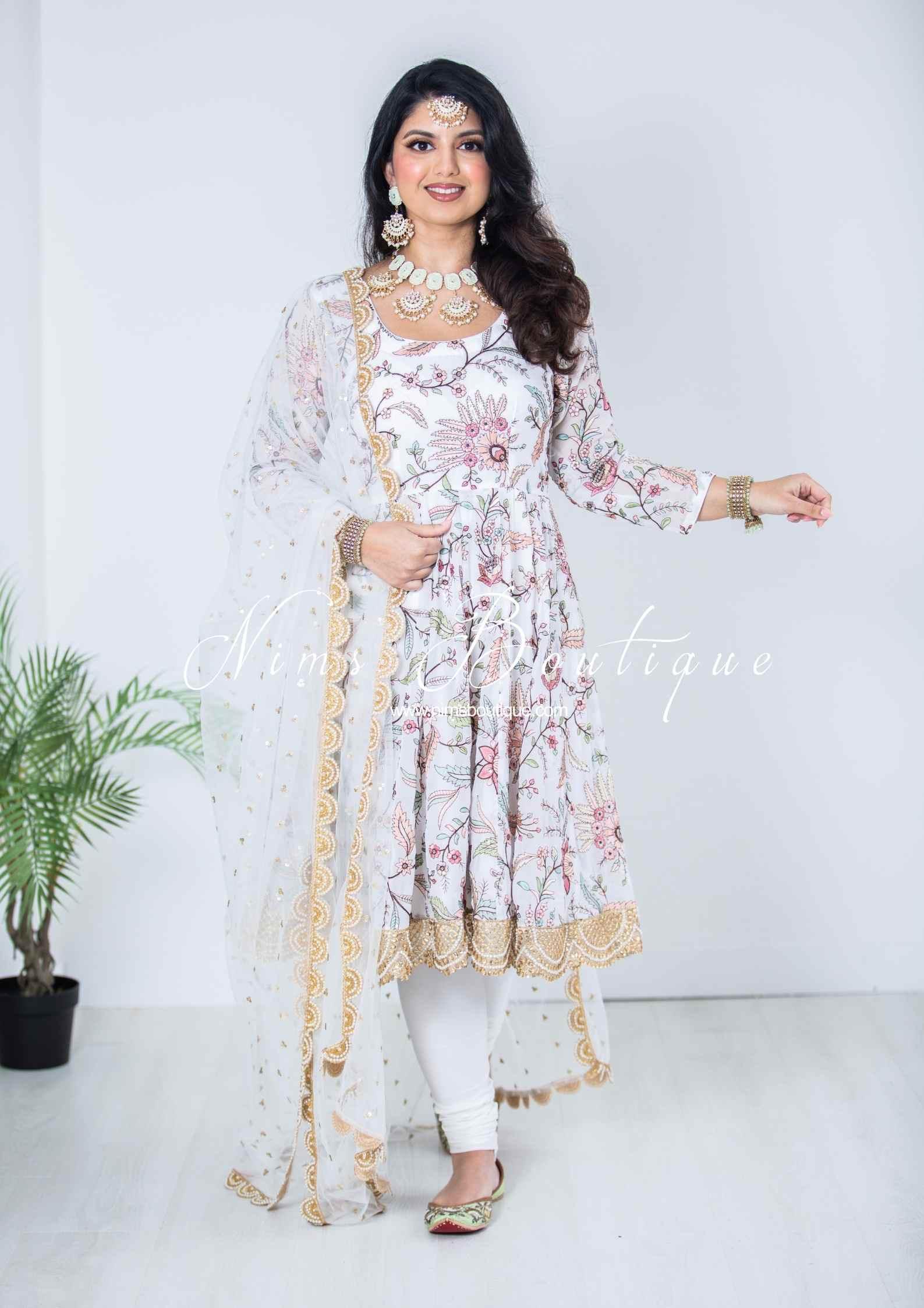Nims Boutique Sarika White Luxury Long Sleeved Anarkali Suit with Pajami sizes 4-14