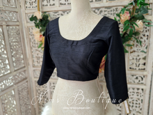 Black Raw Silk Scoop Neck Blouse with sleeves (4-26)