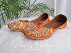 Nims Boutique Orange Embellished Leather Punjabi Juttis