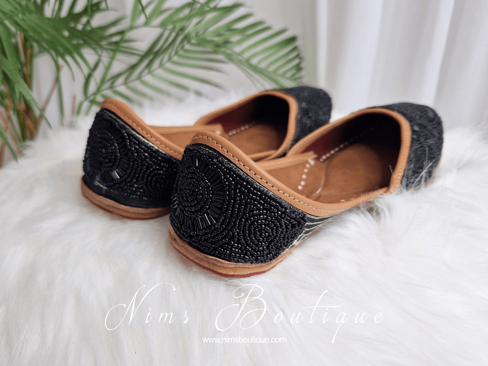 Nims Boutique Black Beaded Leather Punjabi Juttis