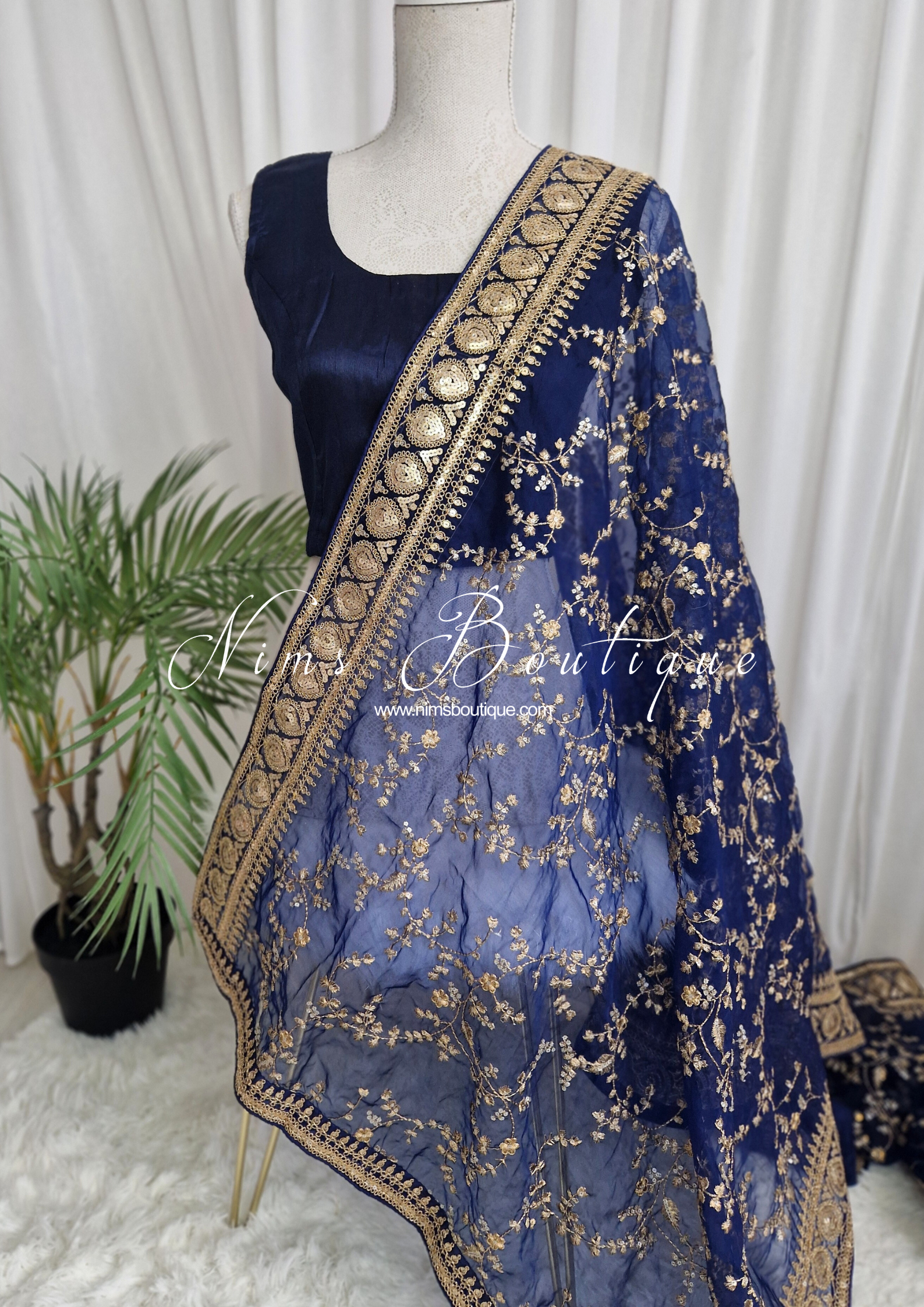Nims Boutique Mahi Luxury Navy Organza Embroidered Dupatta/Chunni