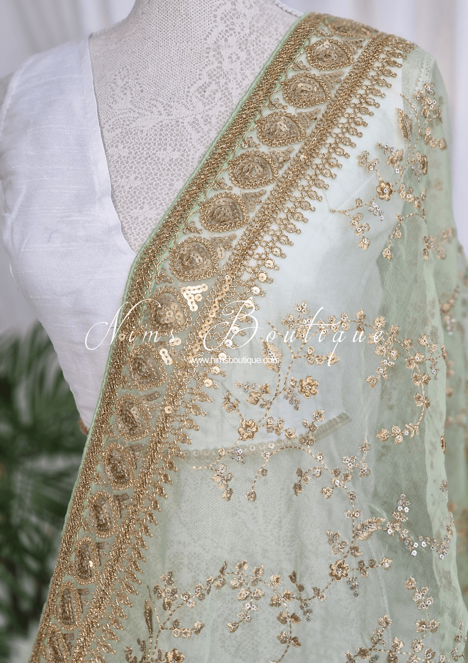 Nims Boutique Mahi Luxury Mint Green Organza Embroidered Dupatta/Chunni