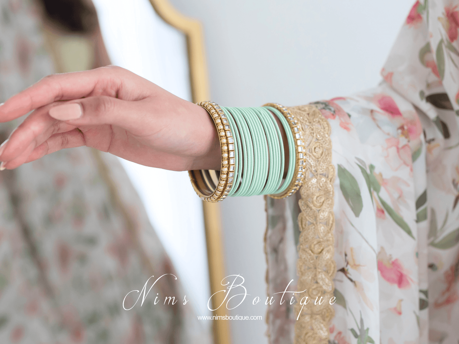 Nims Boutique Light Mint & Kundan Set of Bangles MBN