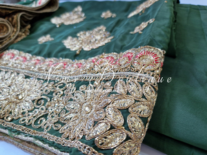 Luxury Unstitched Dark Green & Coral Embroidered Silk Suit