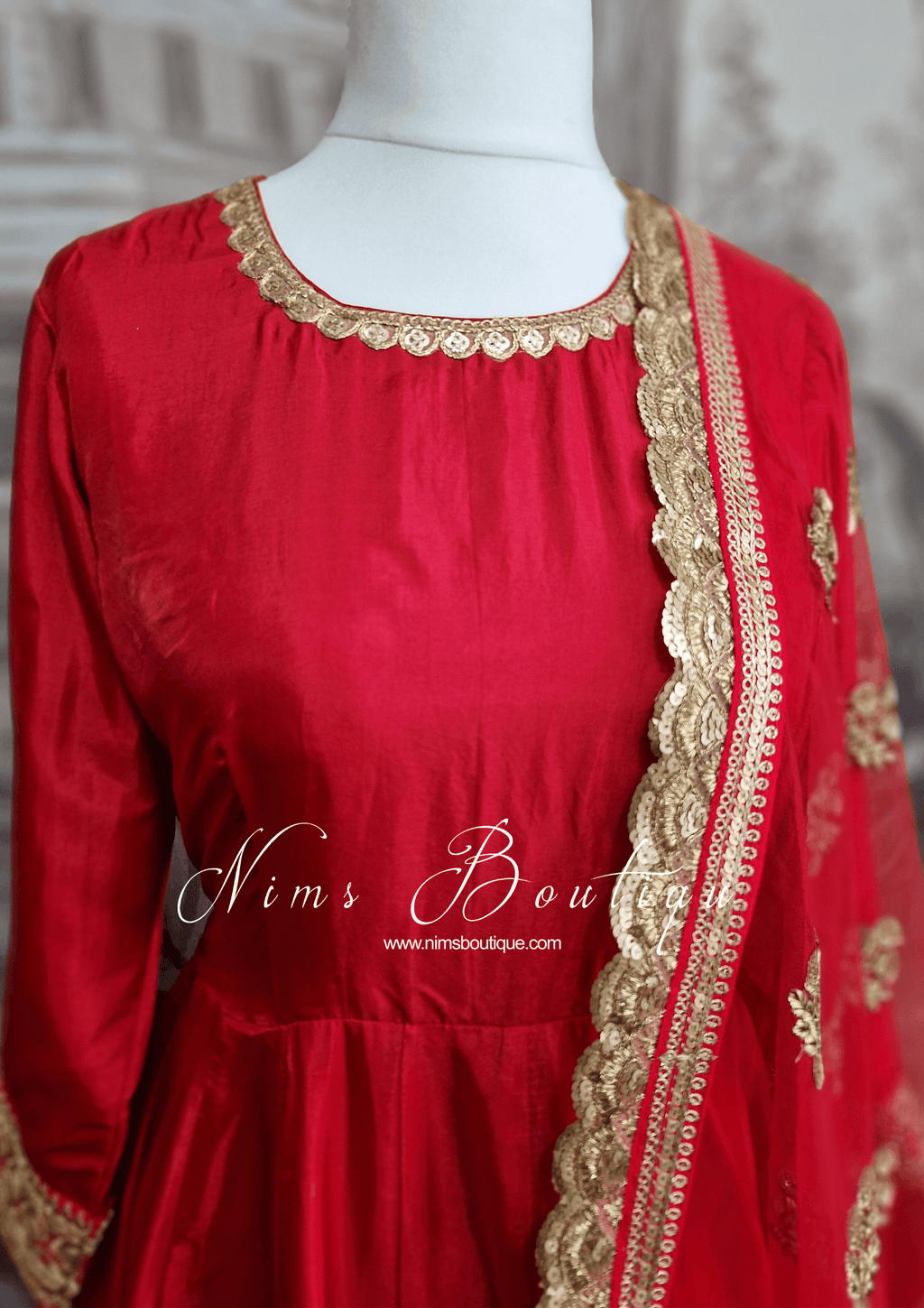 Nims Boutique Rashmi Luxury Red Silk Anarkali Suit with Pajami Sizes 4-16