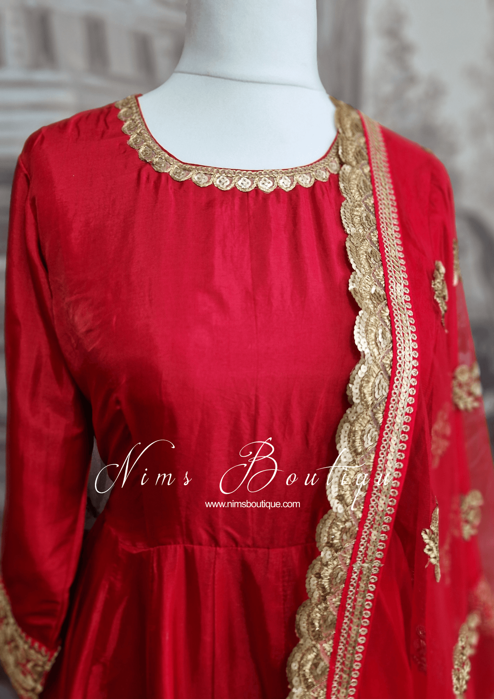 Nims Boutique Rashmi Luxury Red Silk Anarkali Suit with Pajami Sizes 4-16
