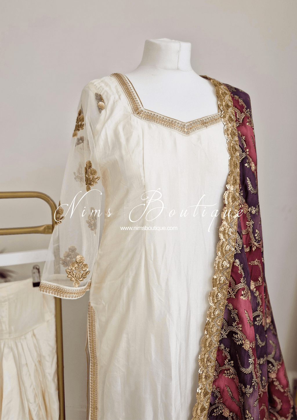 Nims Boutique The NB Classic Long Sleeved Ivory Silk & Multicolour Salwar Suit 8-20