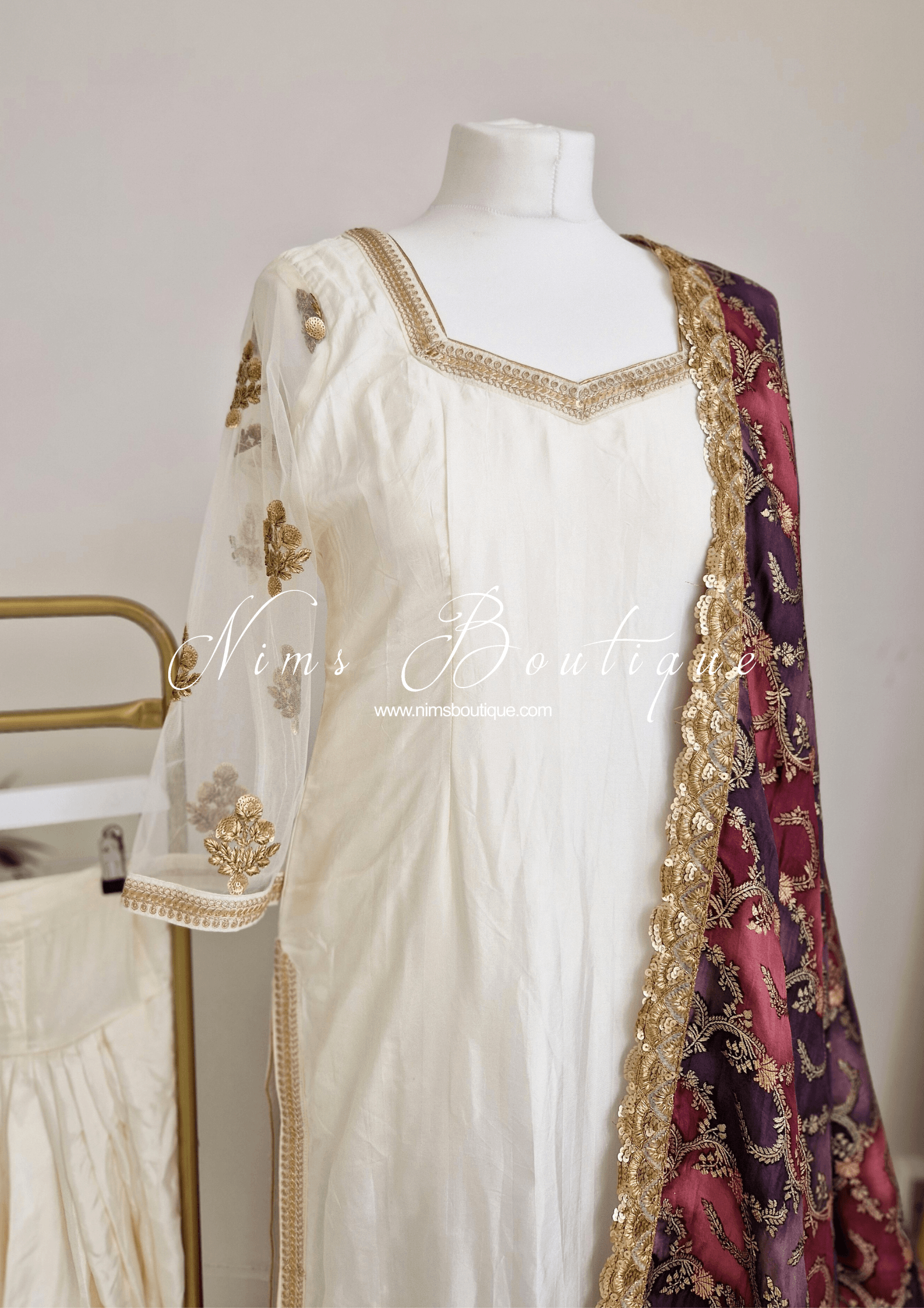 Nims Boutique The NB Classic Long Sleeved Ivory Silk & Multicolour Salwar Suit 8-20