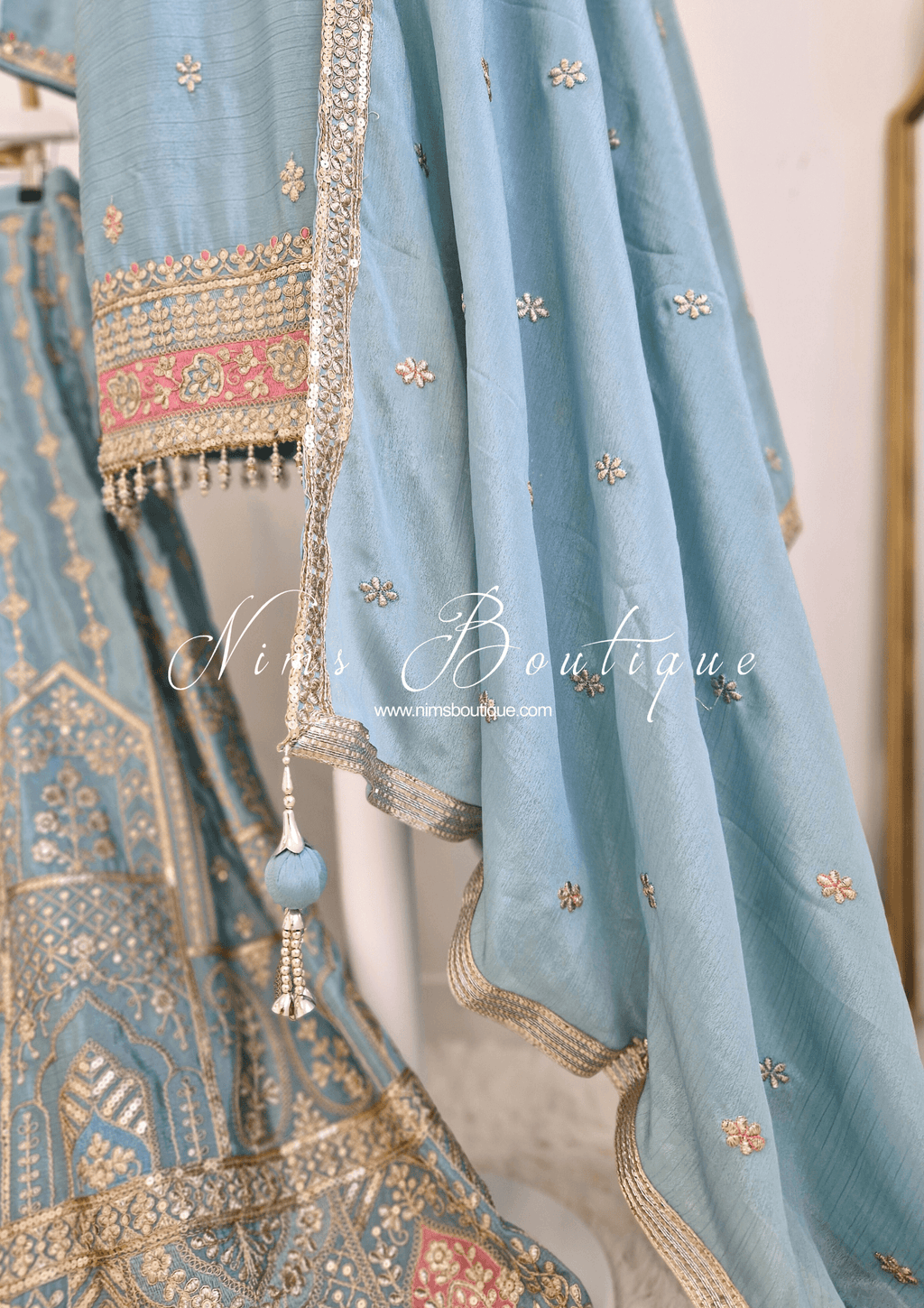 Nims Boutique Luxury Powder Blue Embroidered Sharara Suit Size 12-14