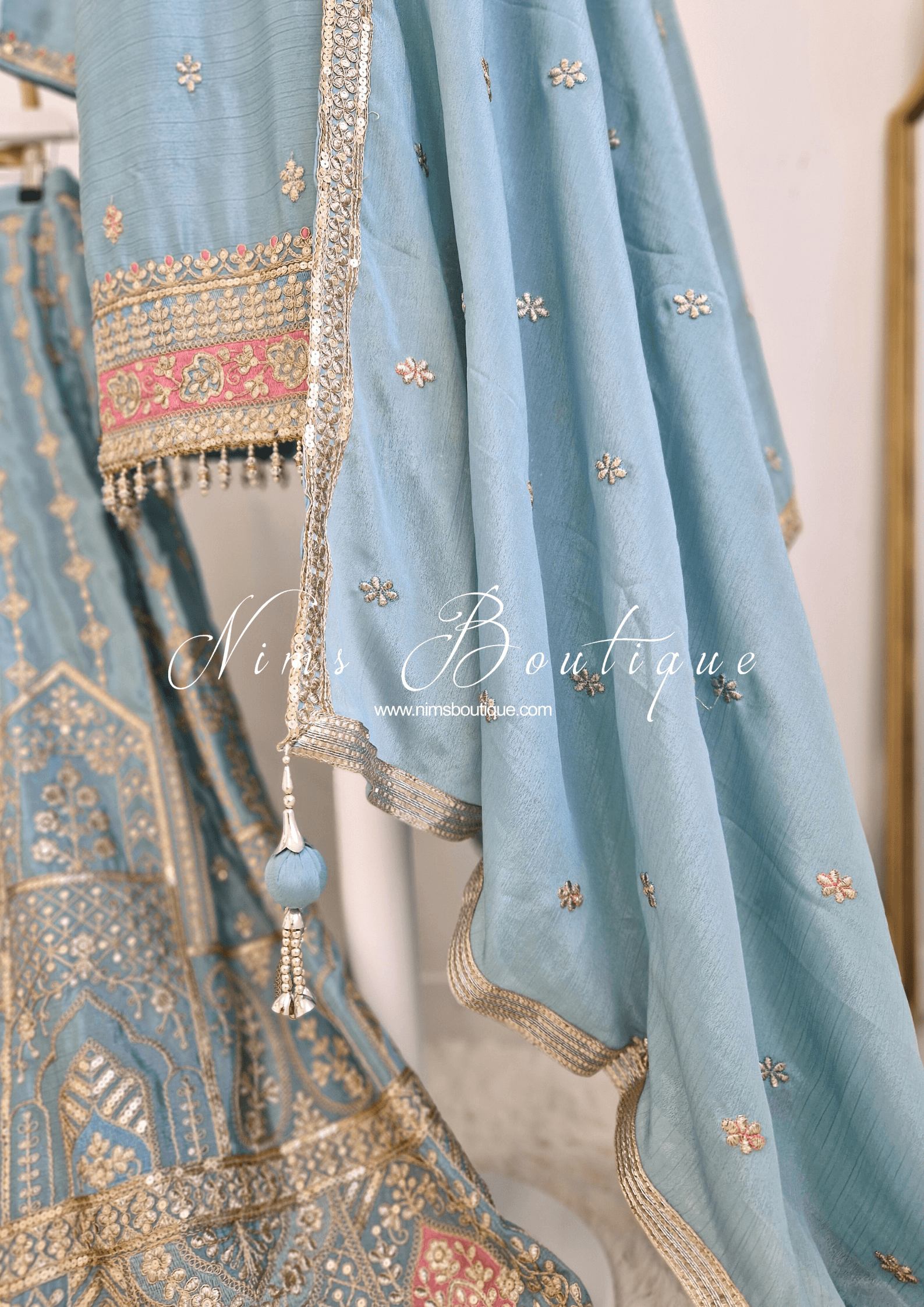 Nims Boutique Luxury Powder Blue Embroidered Sharara Suit Size 12-14