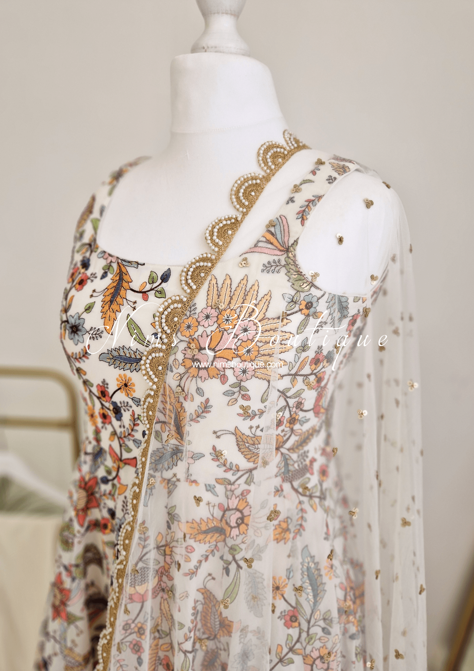 Nims Boutique Sarika Luxury White & Multicolour Anarkali Suit with Pajami sizes 14-24