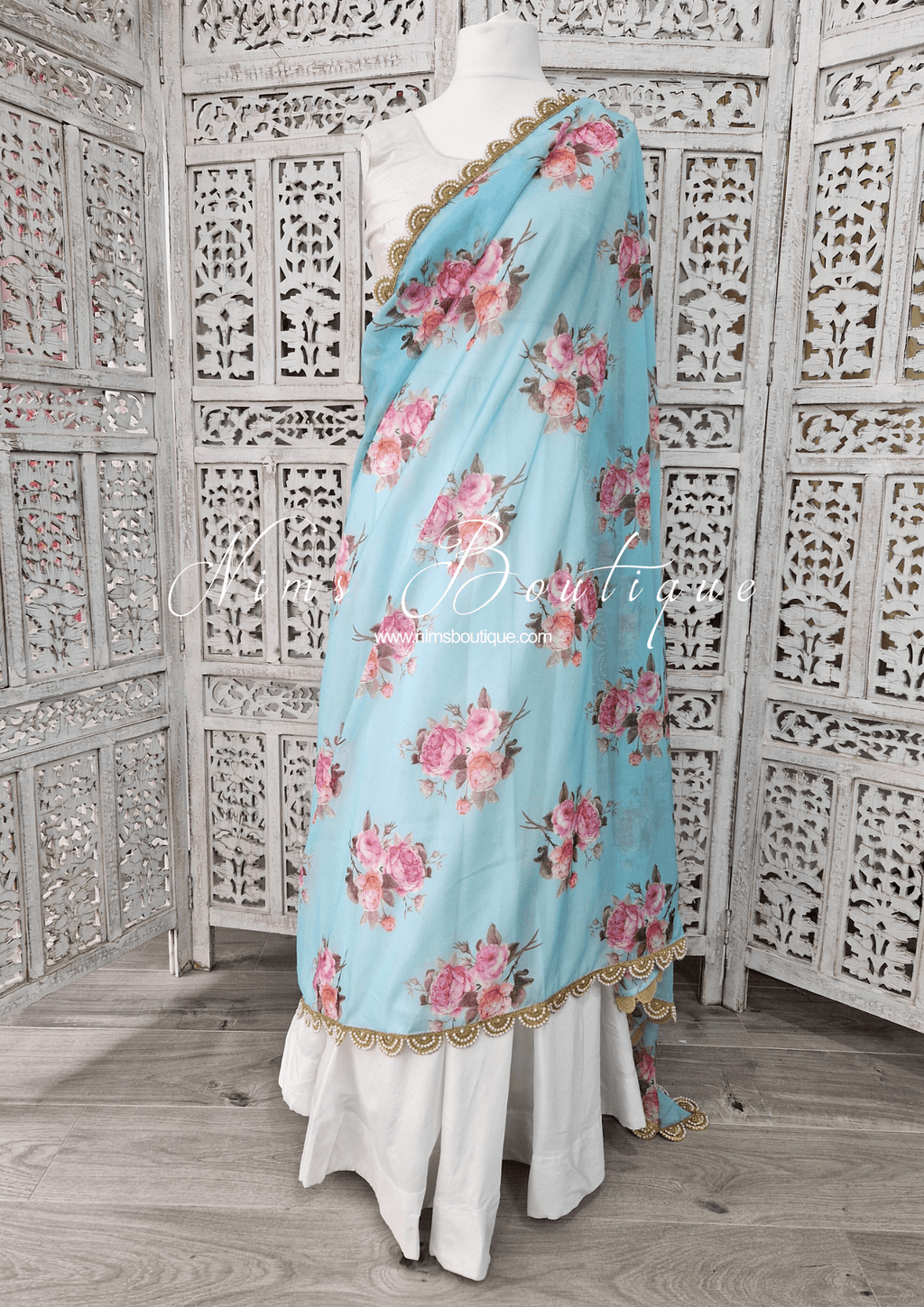 Nims Boutique Luxury Blue Organza Floral Dupatta/Chunni with Pearl Edging