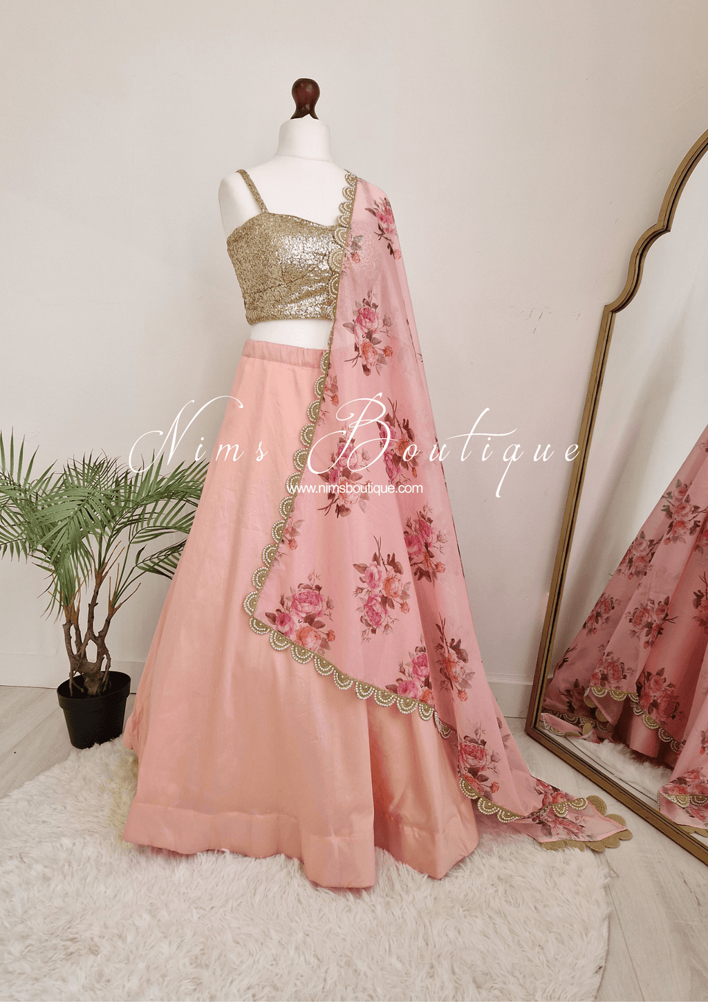 Nims Boutique Luxury Peach Organza Floral Dupatta/Chunni with Pearl Edging