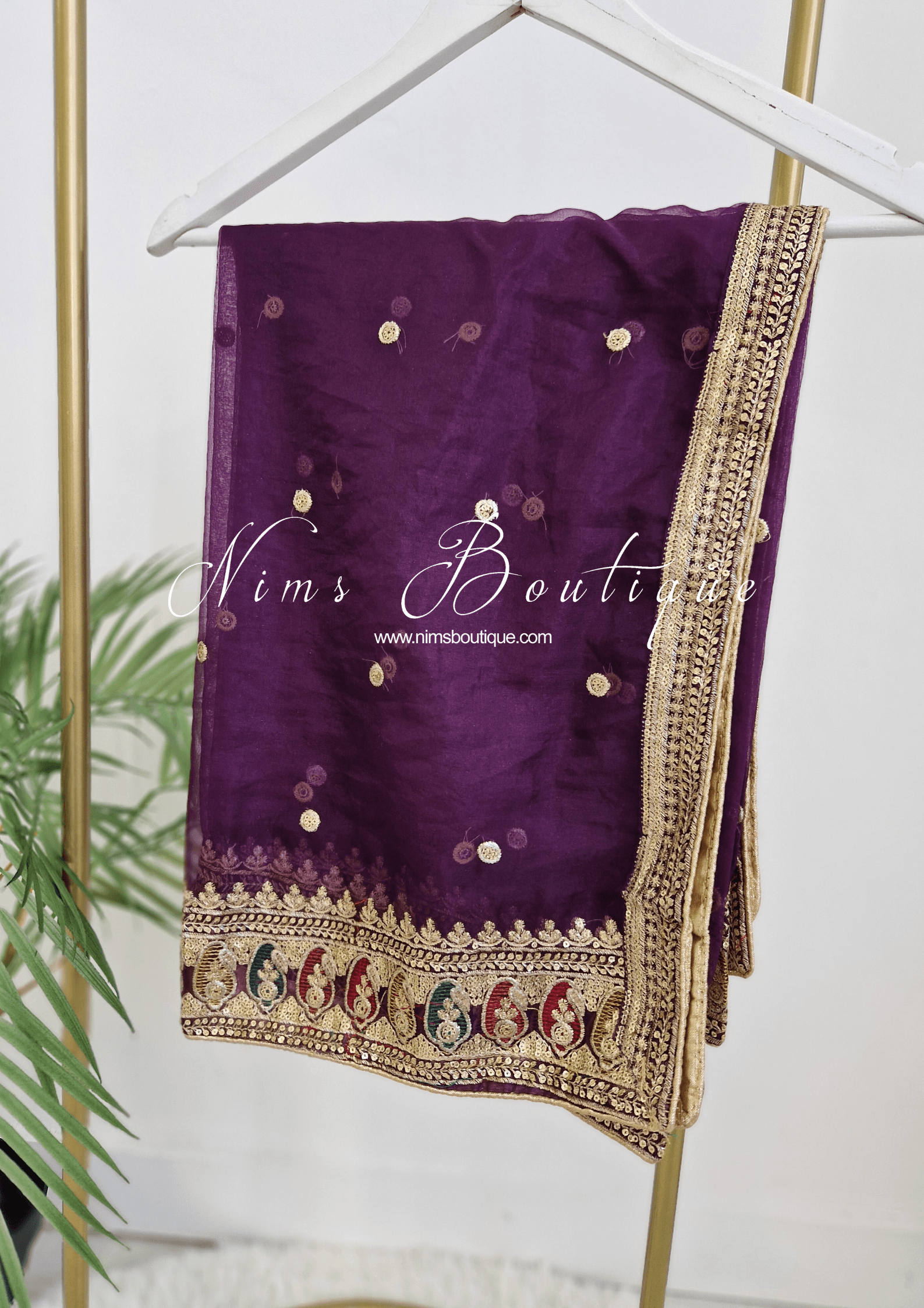 Nims Boutique Sunidhi Aubergine Multicolour Organza Dupatta/Chunni