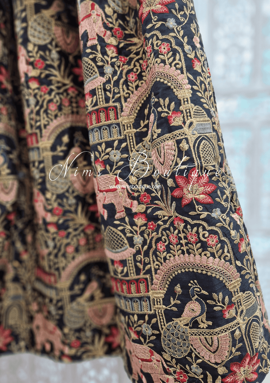 Nims Boutique Luxury Elephant & Peacock Black thread embroidered Skirt One size