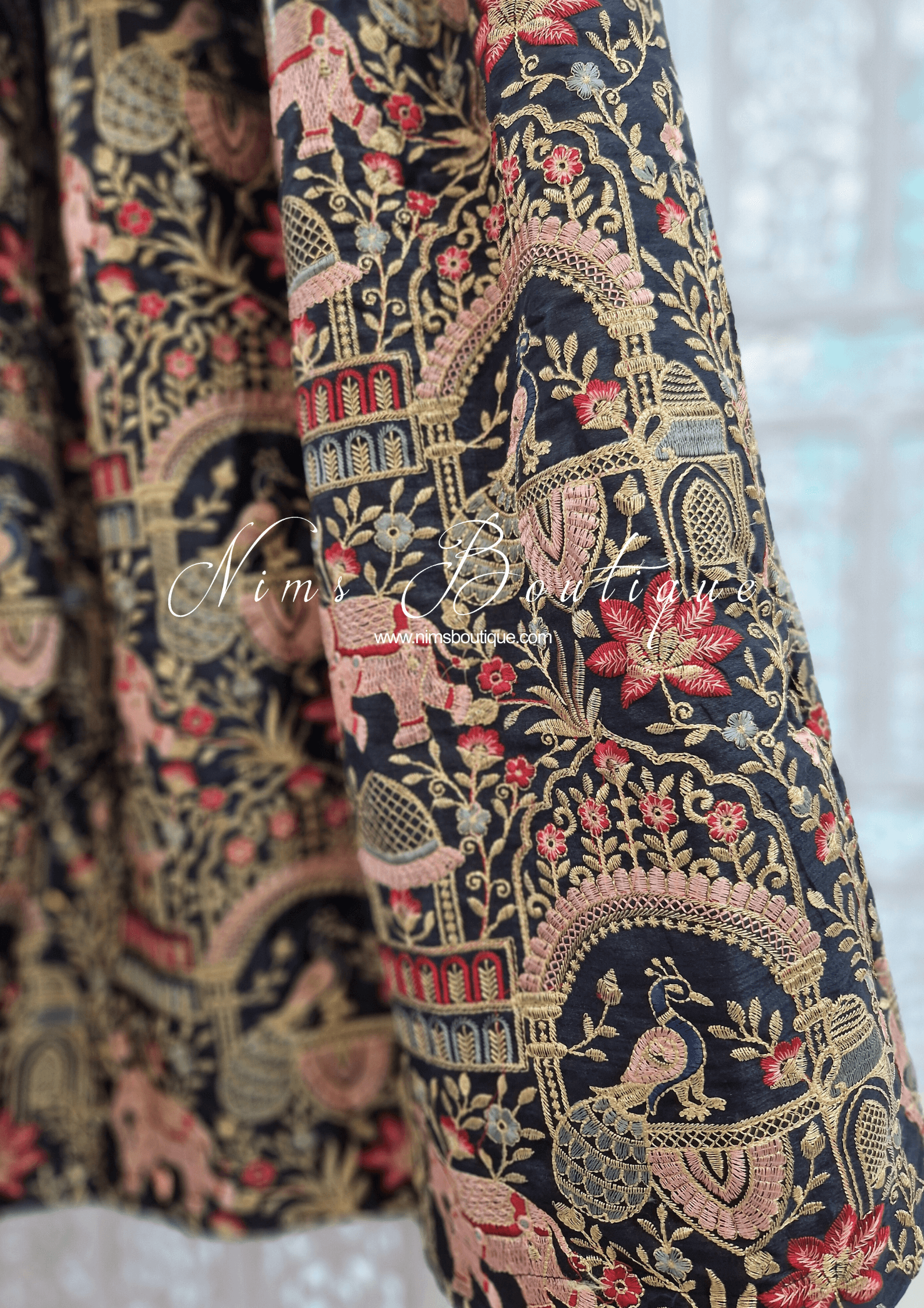 Nims Boutique Luxury Elephant & Peacock Black thread embroidered Skirt One size