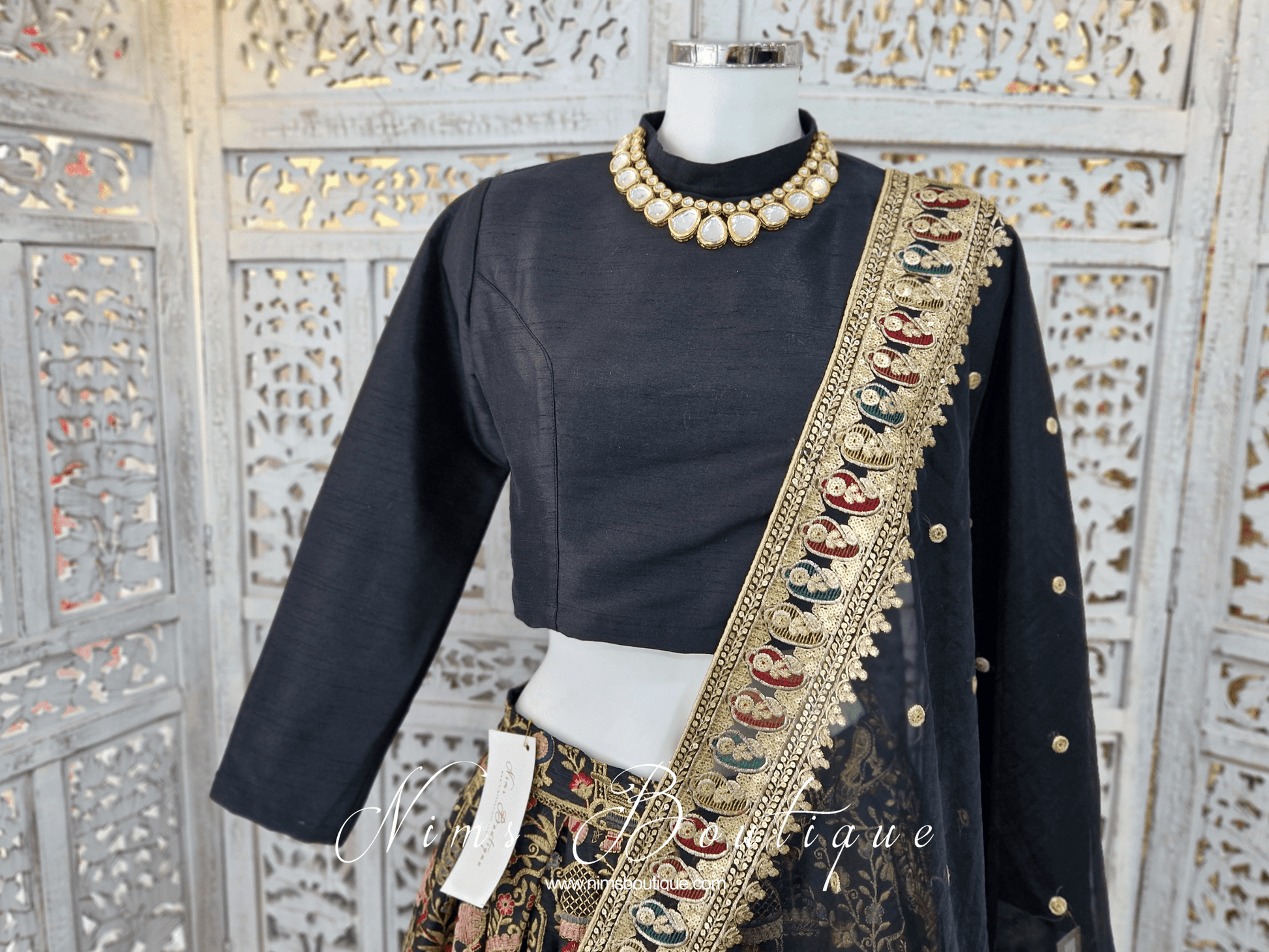 Nims Boutique Black Raw Silk High Collar Neck Blouse with sleeves 4-24