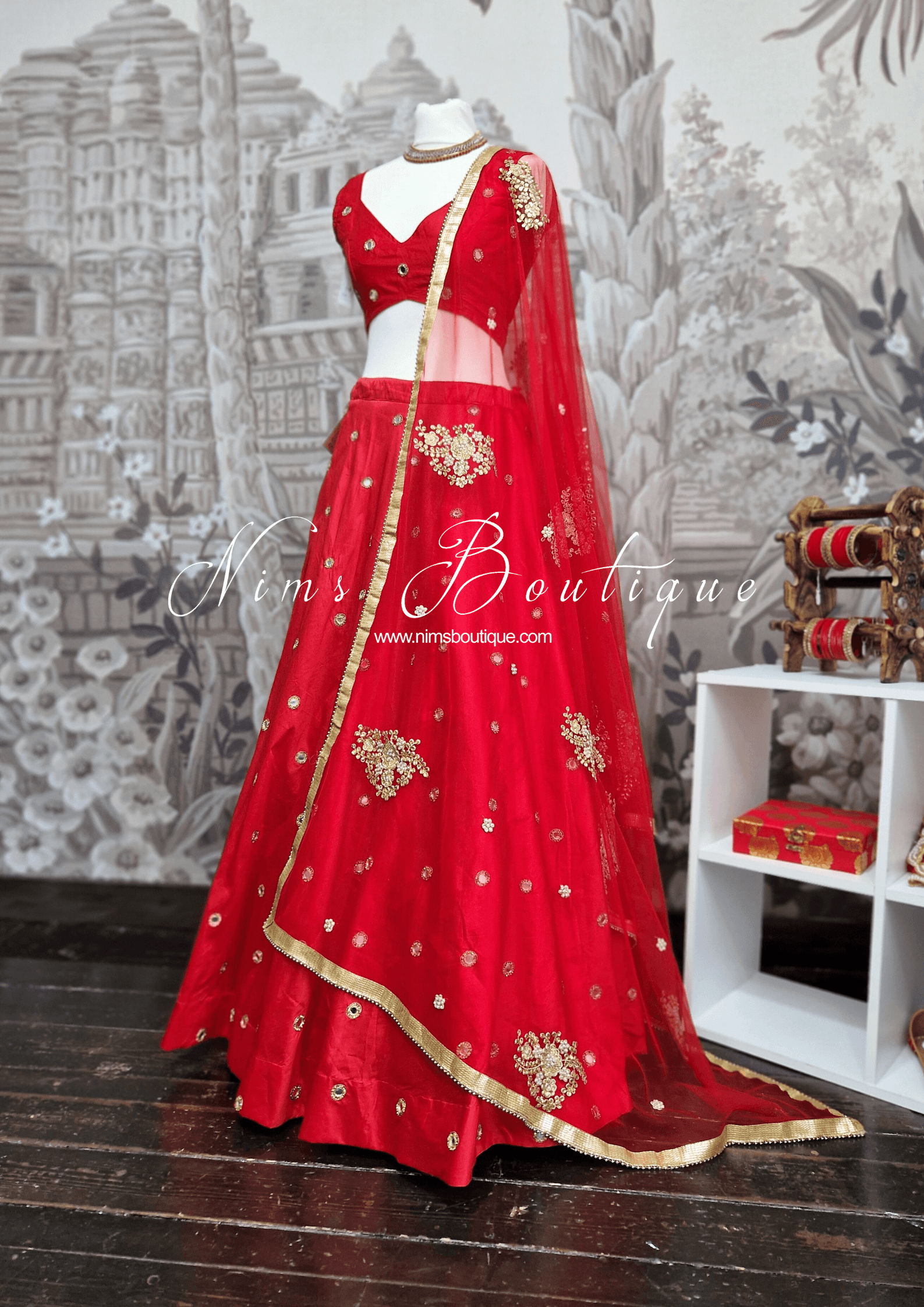 Nims Boutique Rani Luxury Red Silk Mirror readymade skirt/lehnga size 4-20