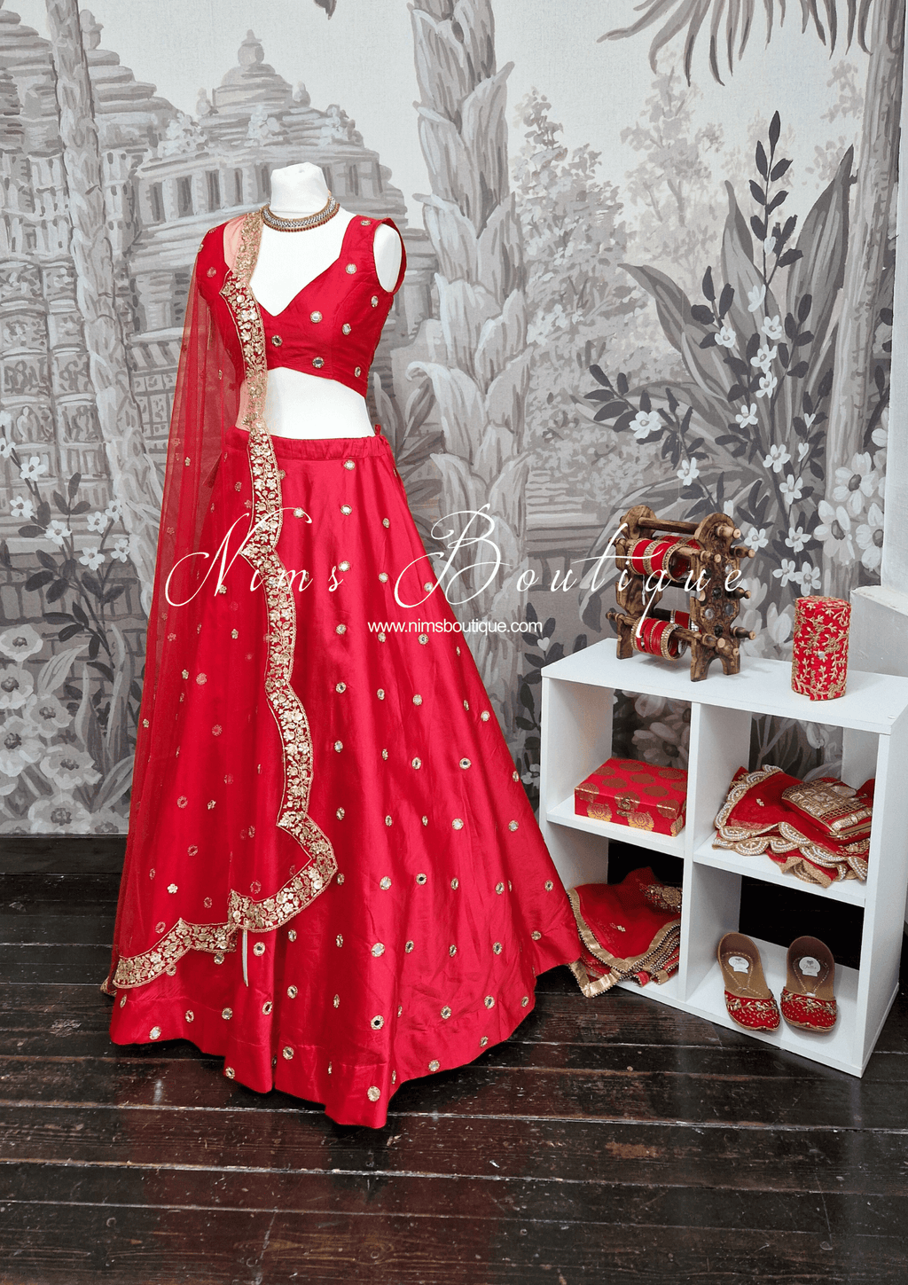 Nims Boutique Luxury Red Net Sequin Scallop Edge Dupatta/Chunni SE2